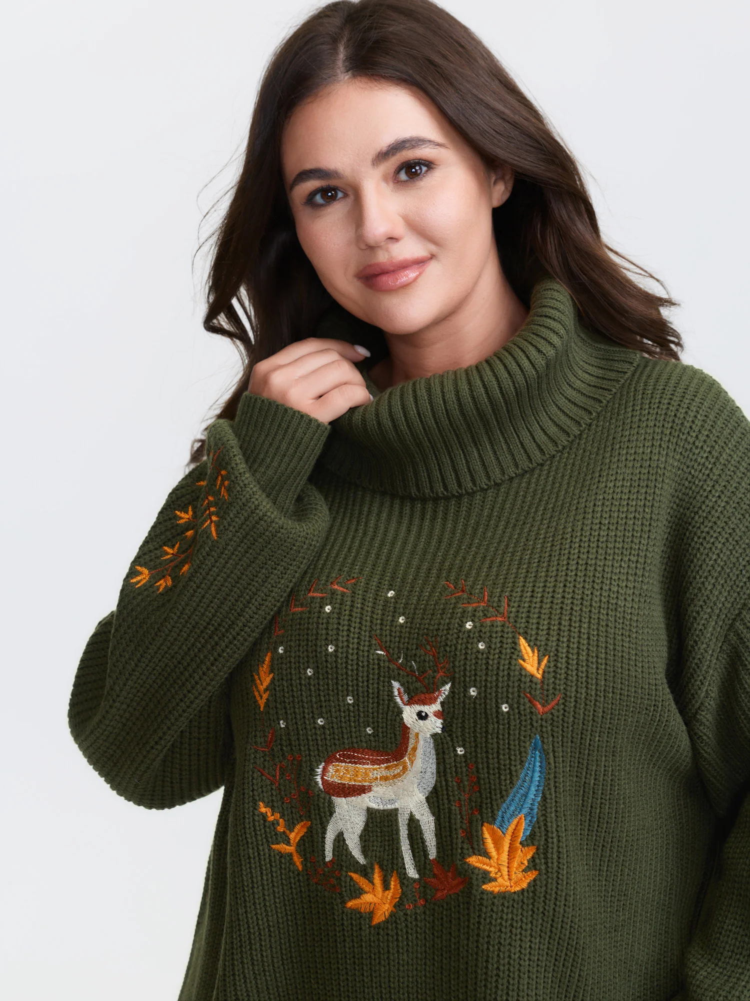 Turtleneck Deer Embroidery Knit Pullover - Image 3