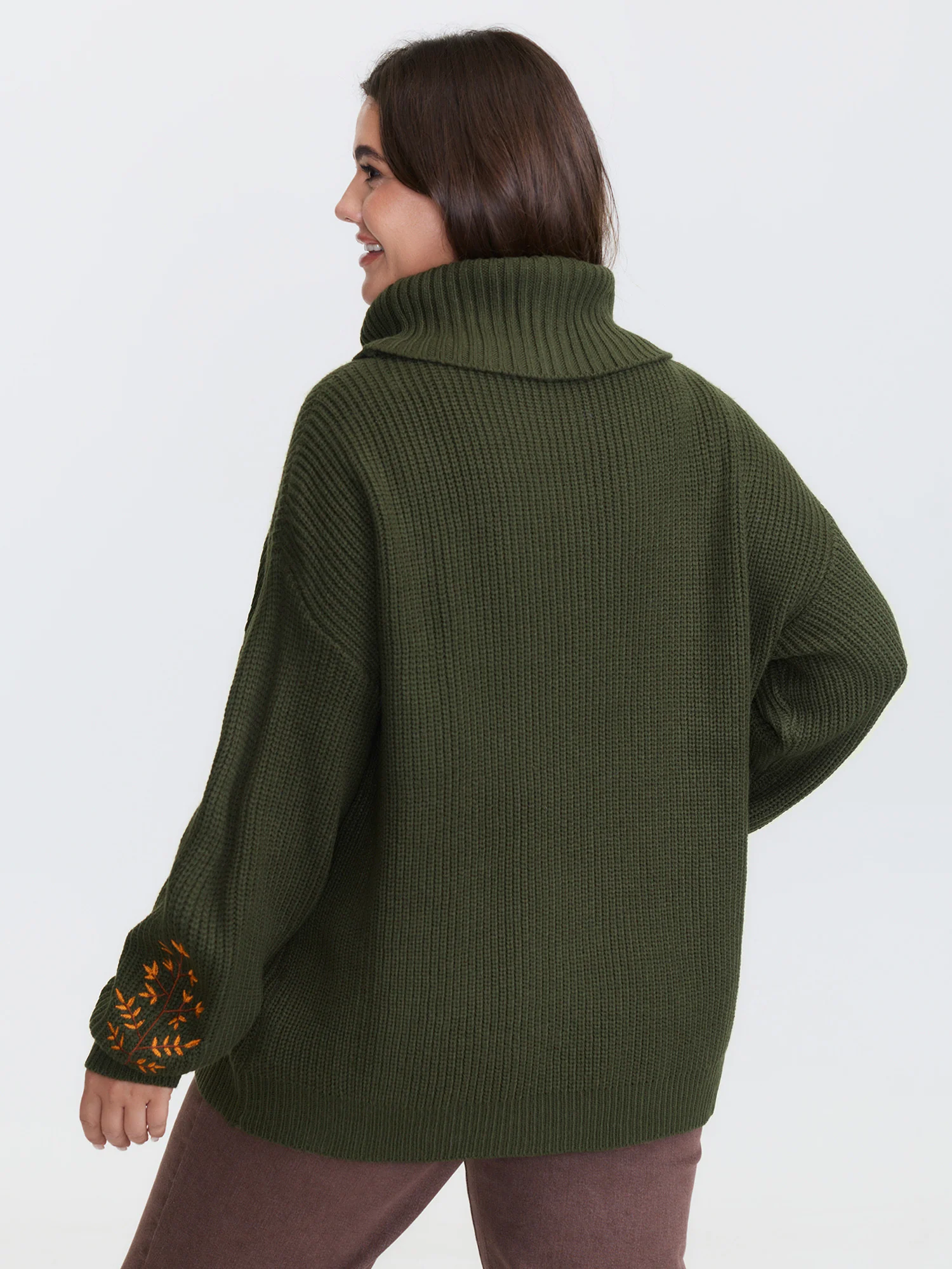 Turtleneck Deer Embroidery Knit Pullover - Image 4