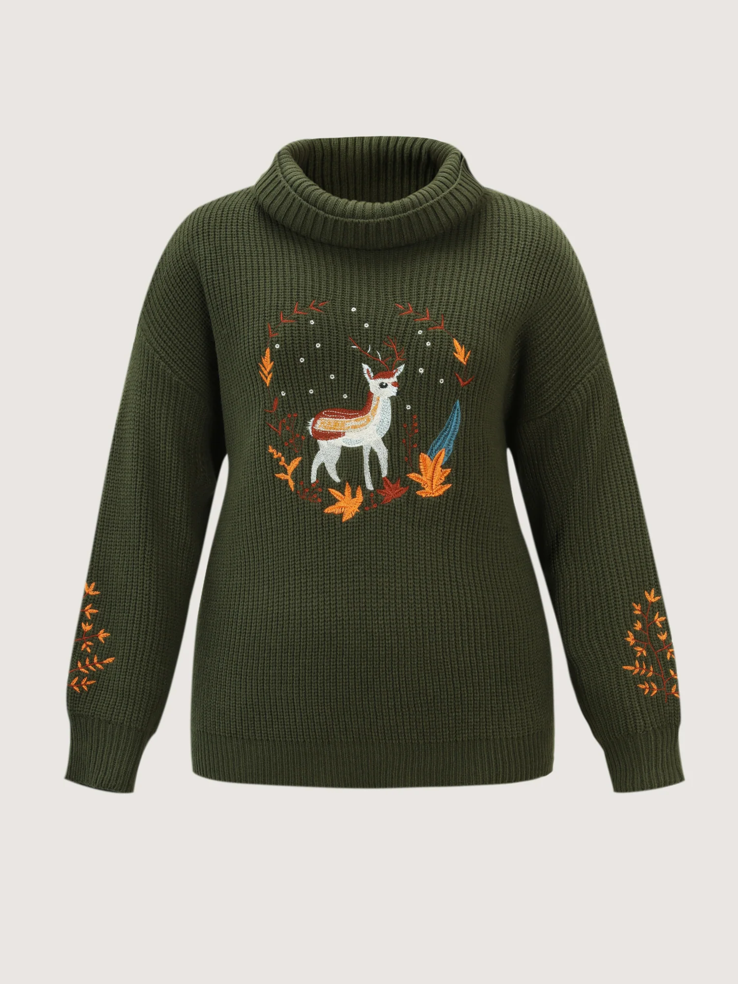 Turtleneck Deer Embroidery Knit Pullover - Image 7