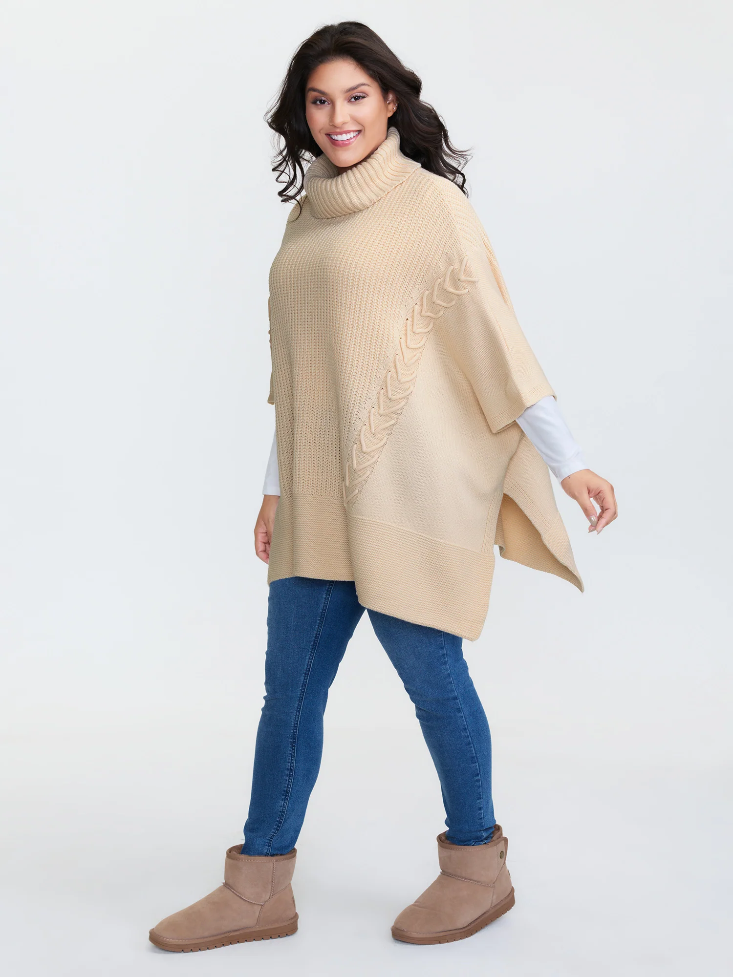 Turtleneck Poncho Cable Knit Pullover - Image 2