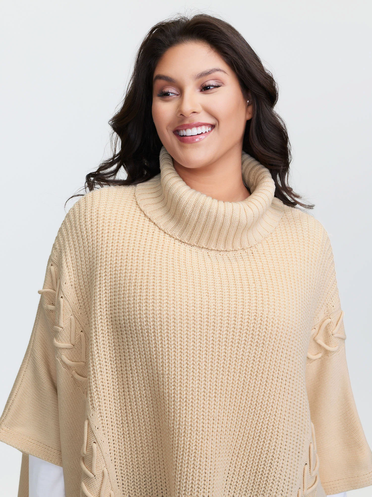 Turtleneck Poncho Cable Knit Pullover - Image 3