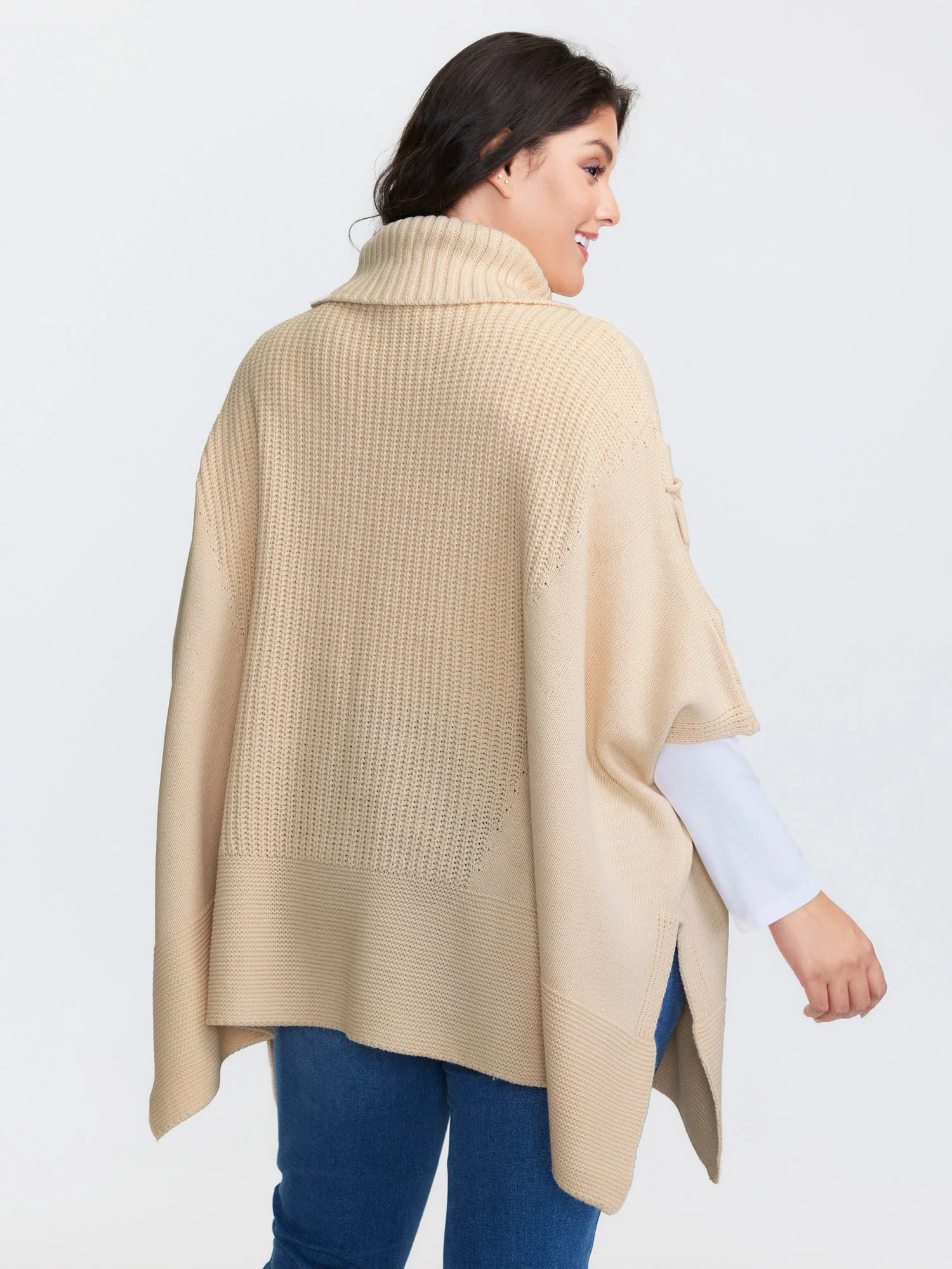 Turtleneck Poncho Cable Knit Pullover - Image 4