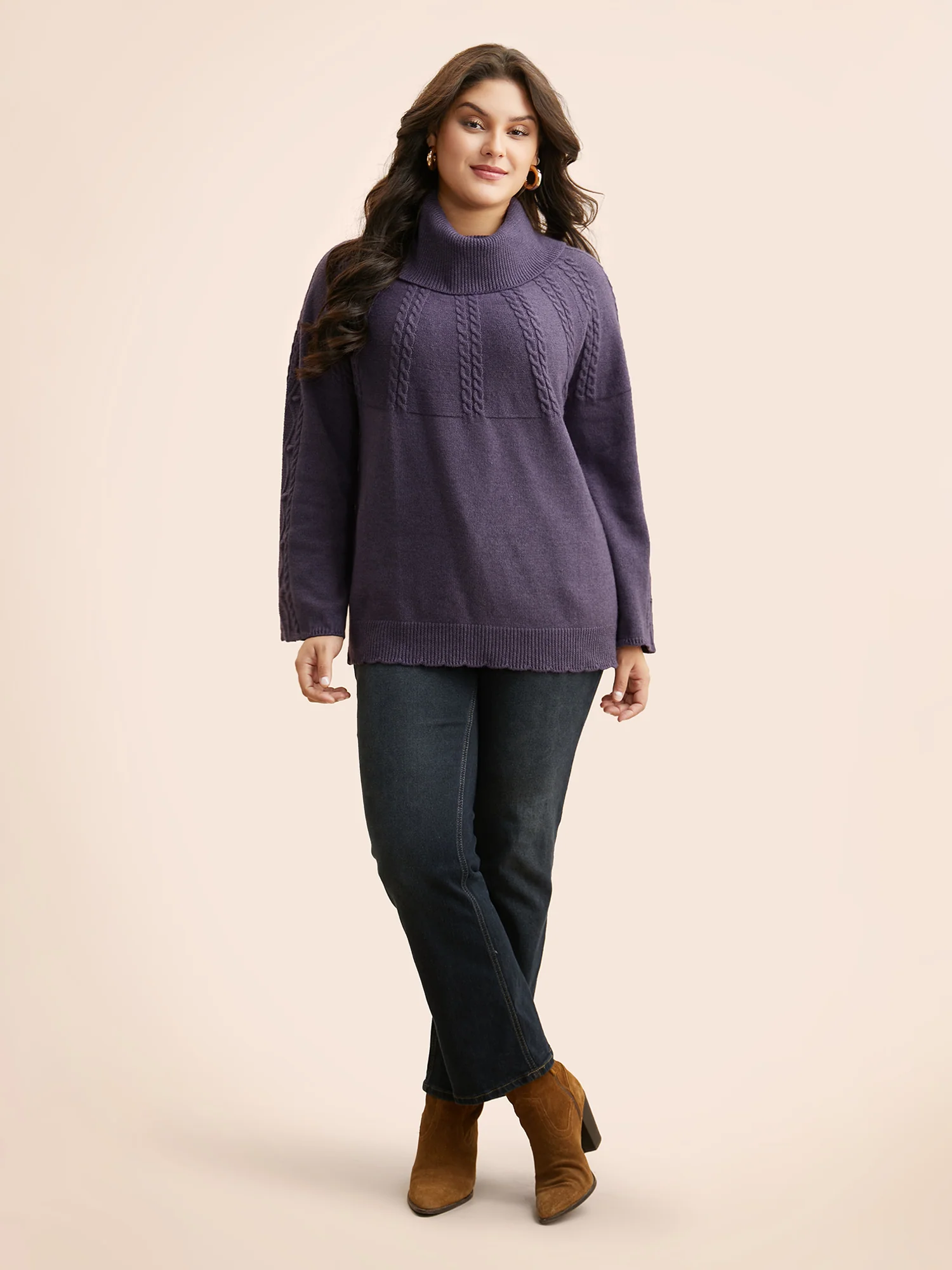 Turtleneck Texture Cable Knit Pullover - Image 3