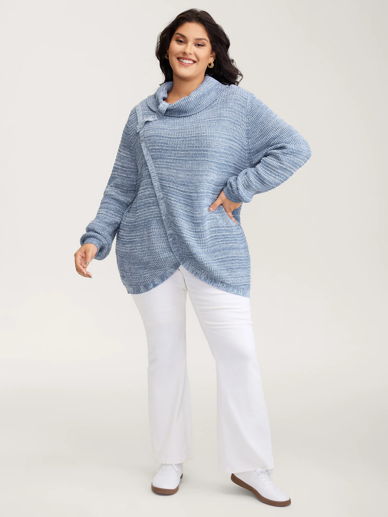 Turtleneck Wrap Adjustable Button Pullover - Image 3