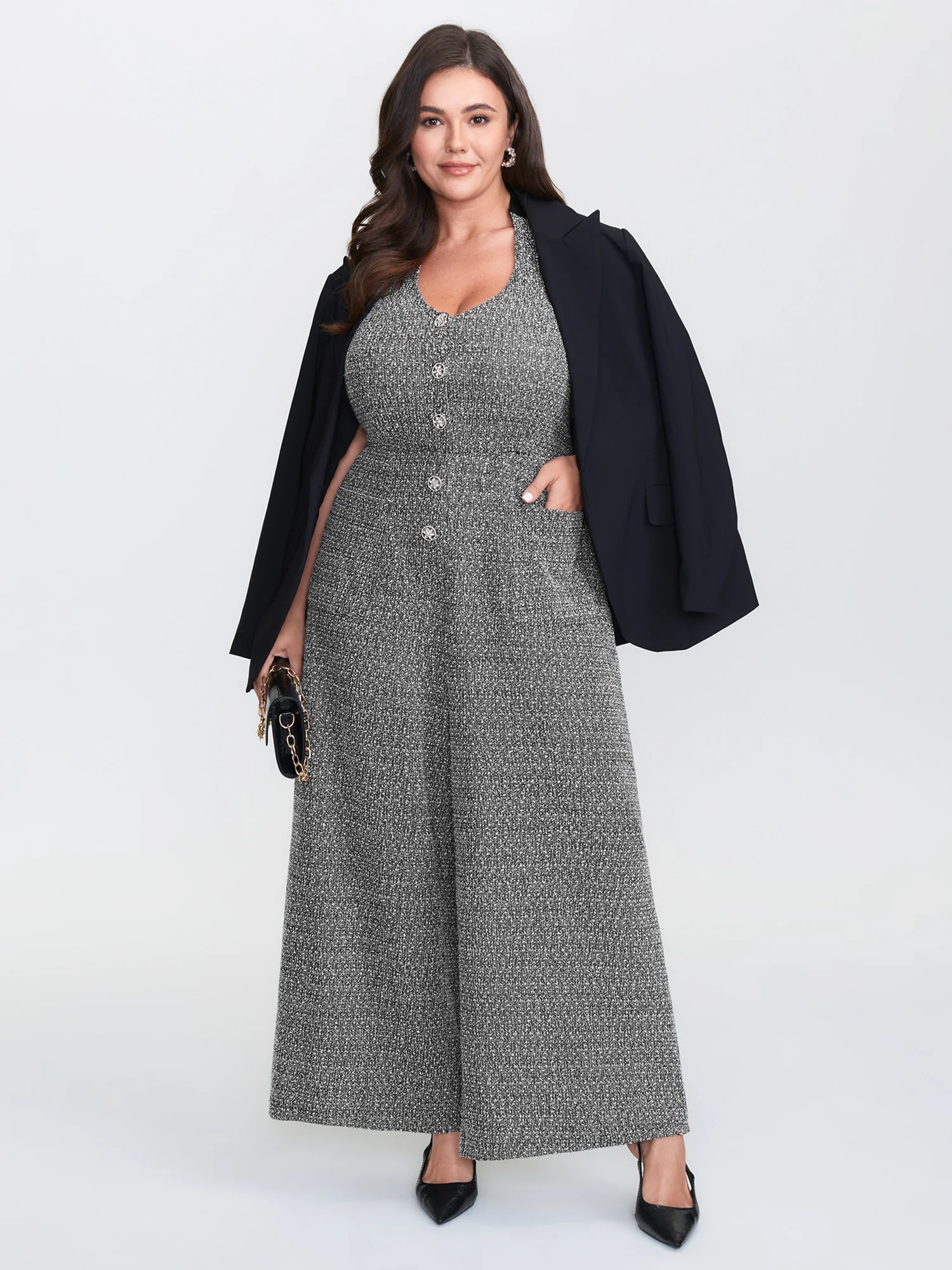 Tweed Backless Halter Neck Stretchy Waist Jumpsuit - Image 2