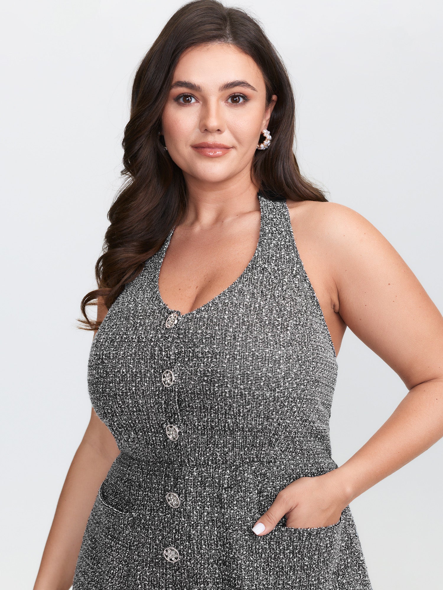 Tweed Backless Halter Neck Stretchy Waist Jumpsuit - Image 3