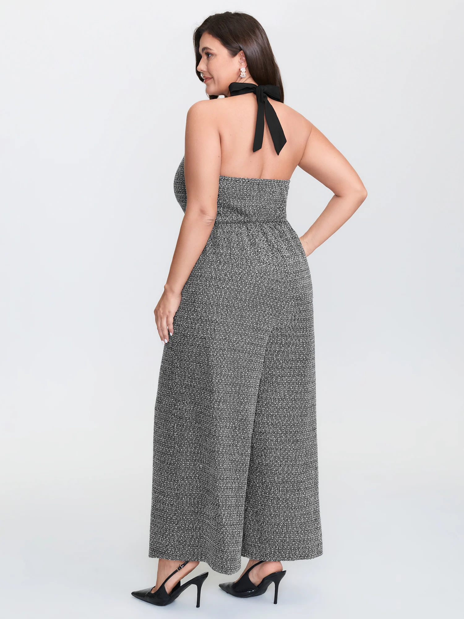 Tweed Backless Halter Neck Stretchy Waist Jumpsuit - Image 5