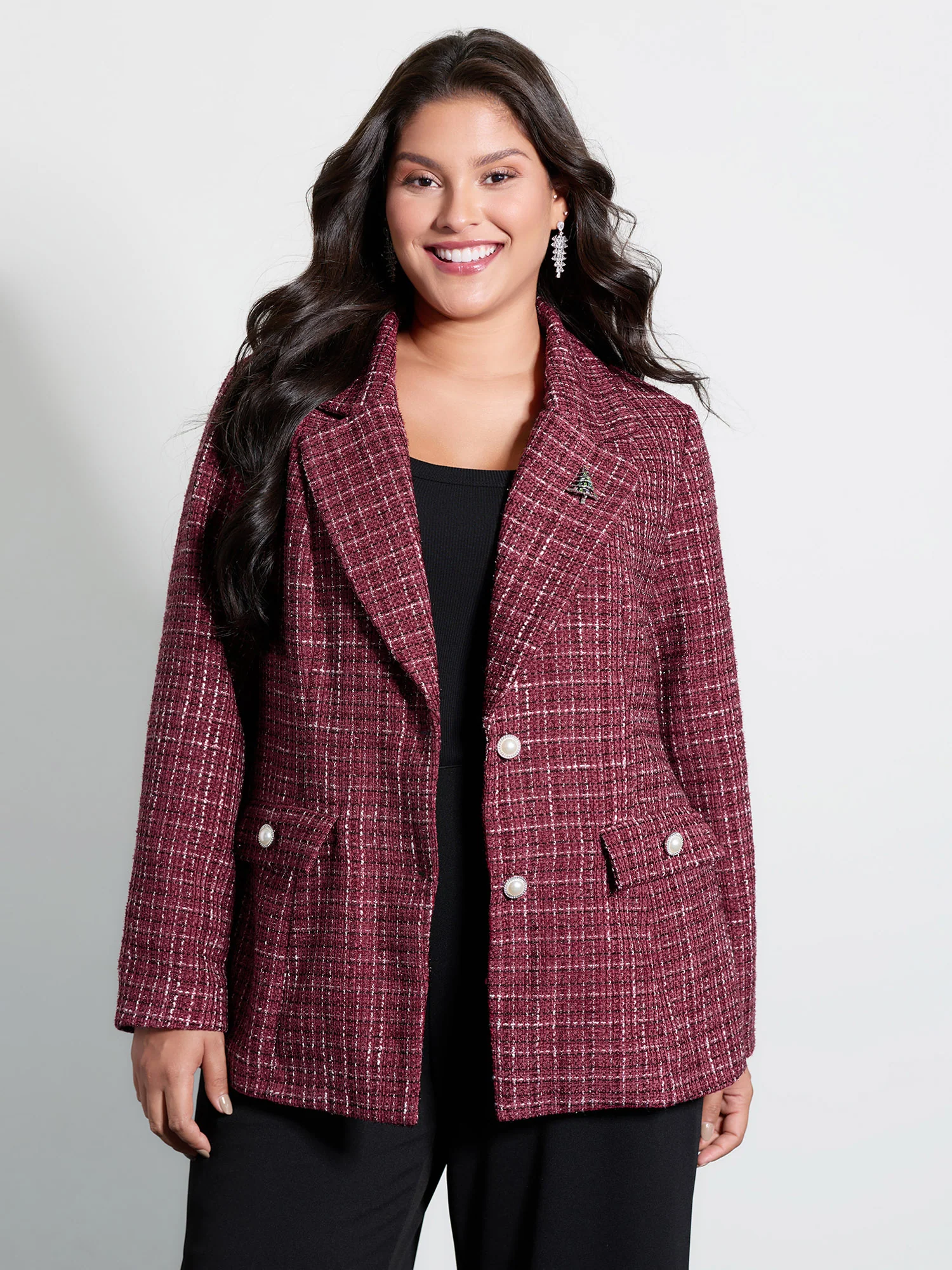 Tweed Brooch Waist-Defining Blazer - Image 4