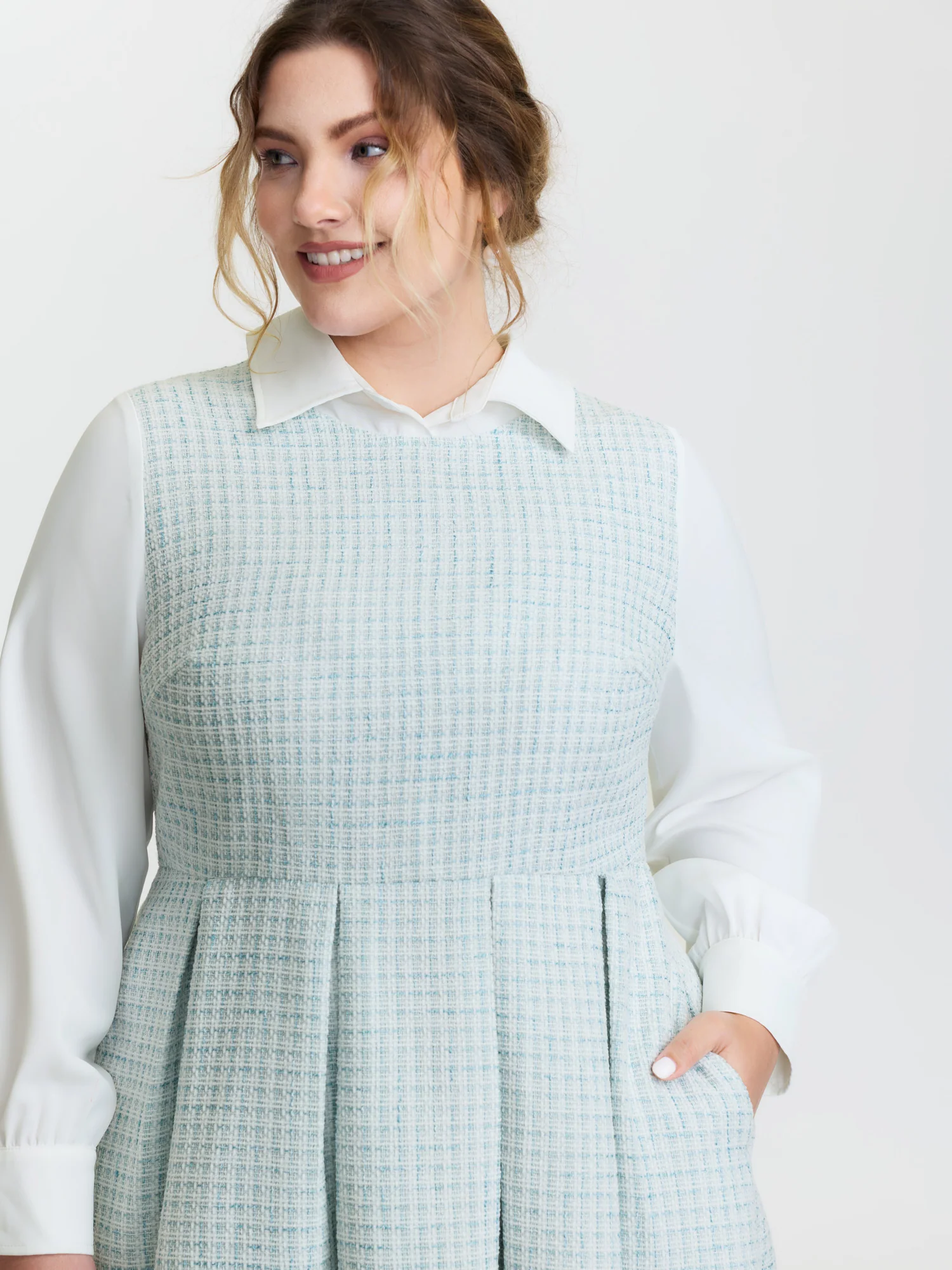 Tweed Colorblock Pleated Midi Dress - Image 2