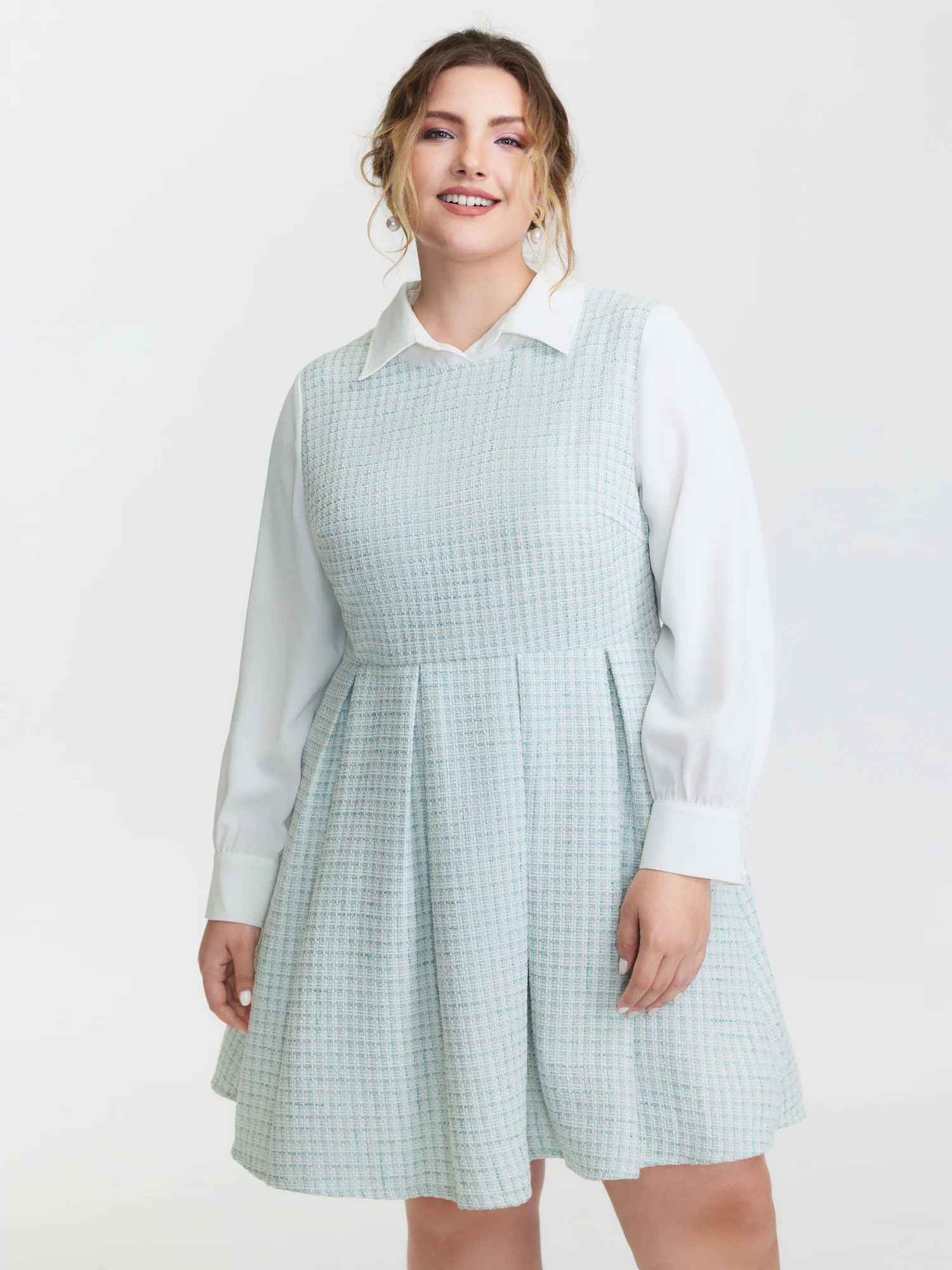 Tweed Colorblock Pleated Midi Dress - Image 3