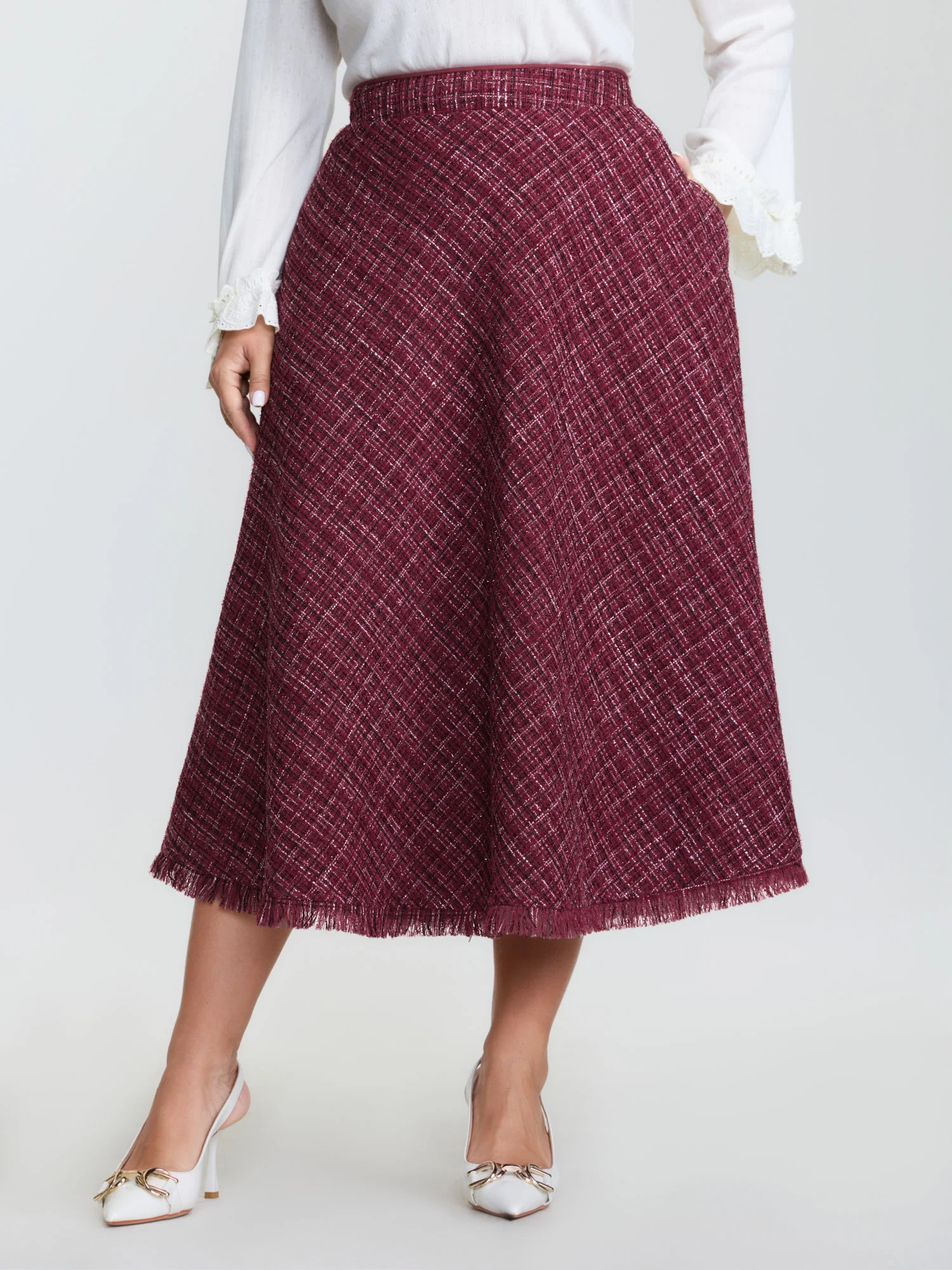 Tweed Fringe Hem Flowy Maxi Skirt