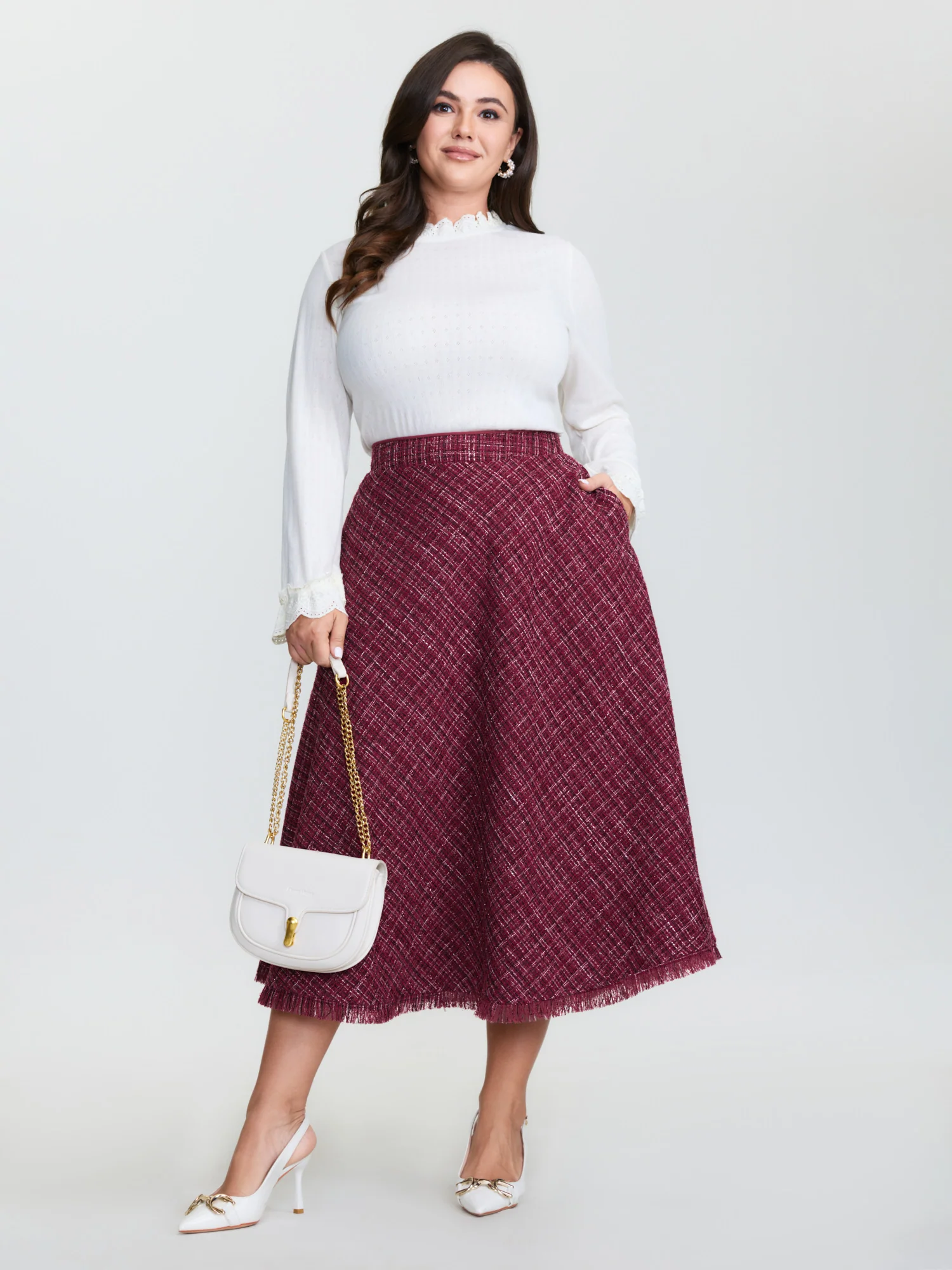 Tweed Fringe Hem Flowy Maxi Skirt - Image 2