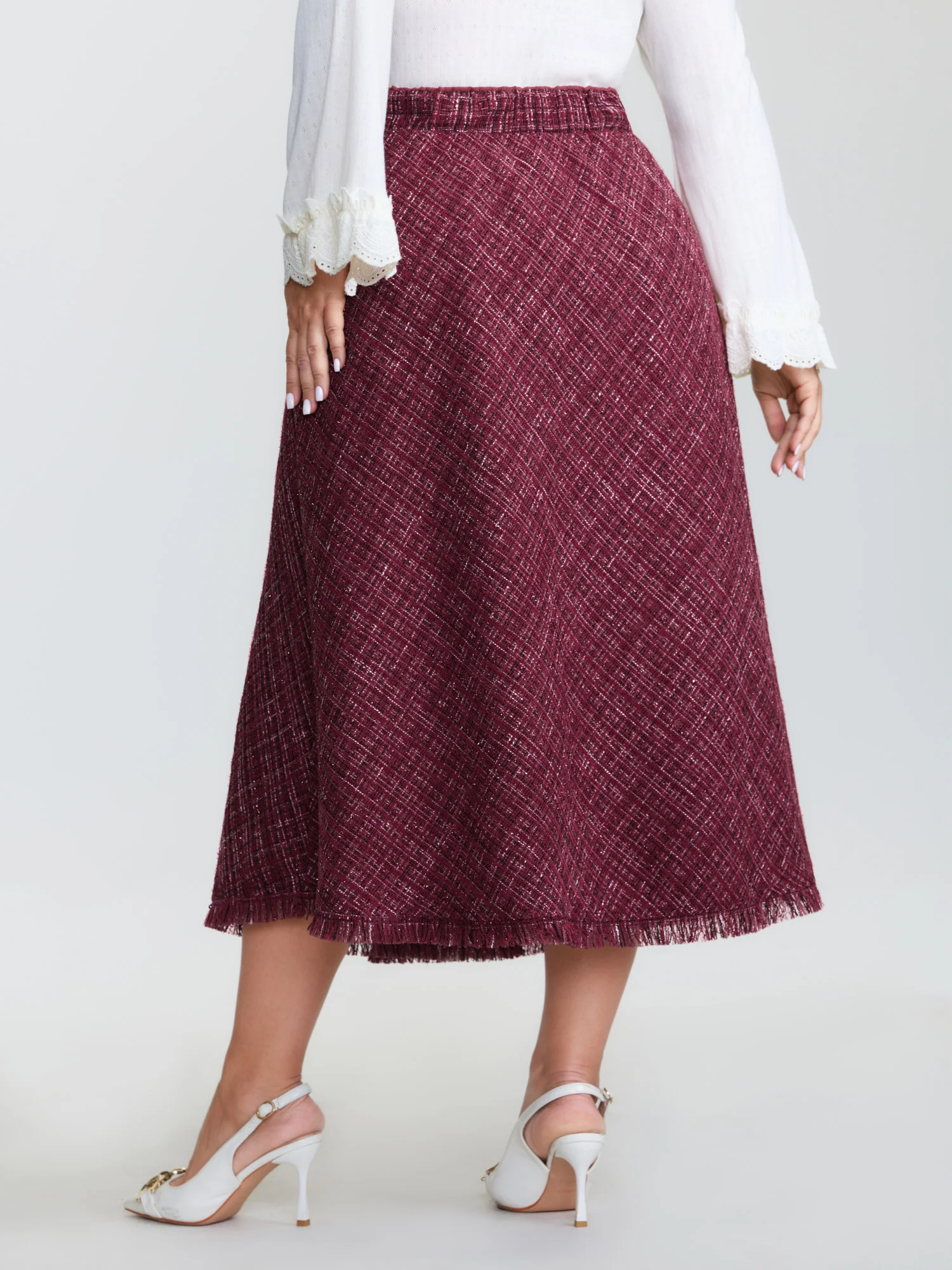 Tweed Fringe Hem Flowy Maxi Skirt - Image 3