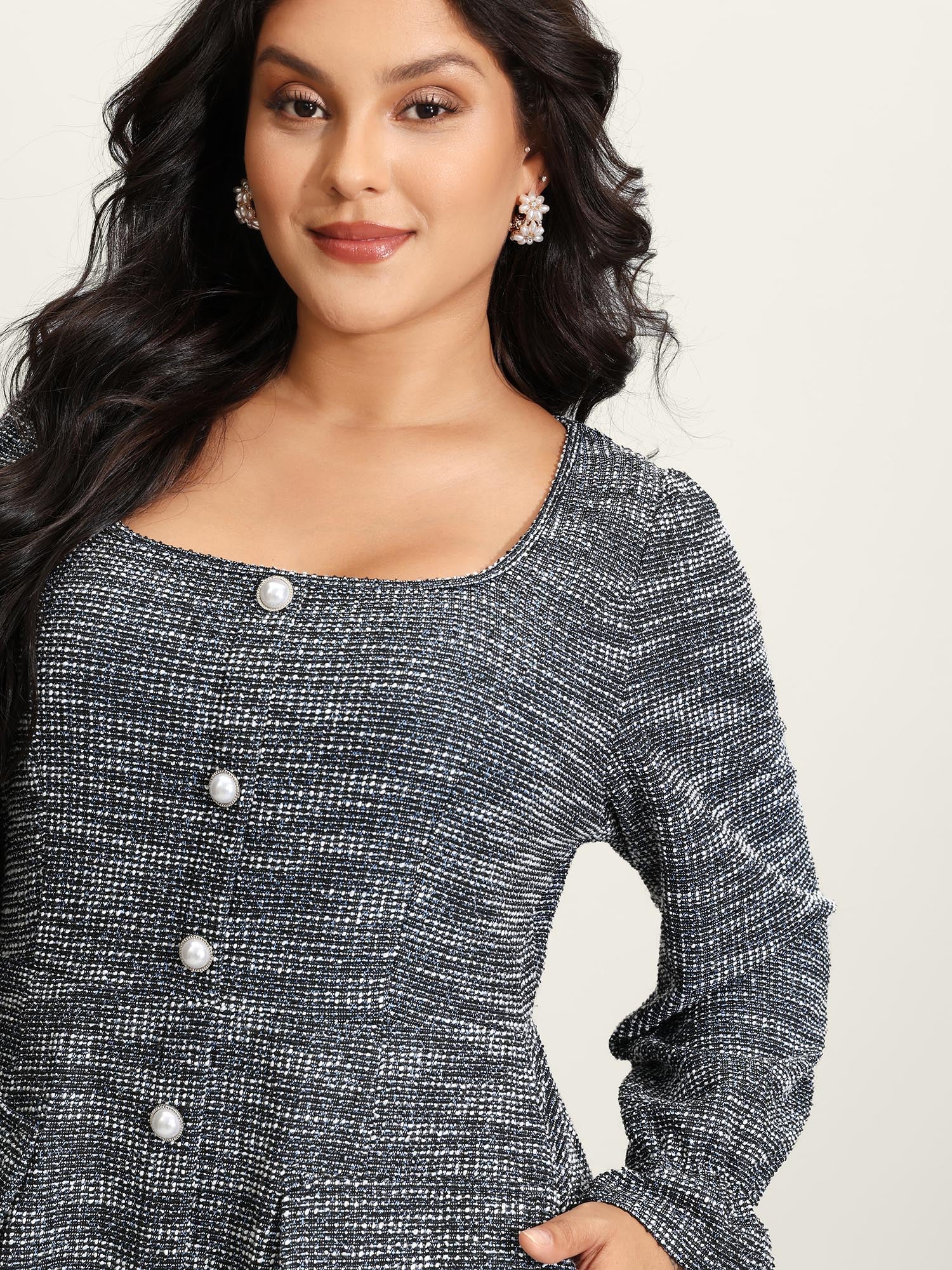 Tweed Knit Pearl Button Stretchy Midi Dress - Image 2