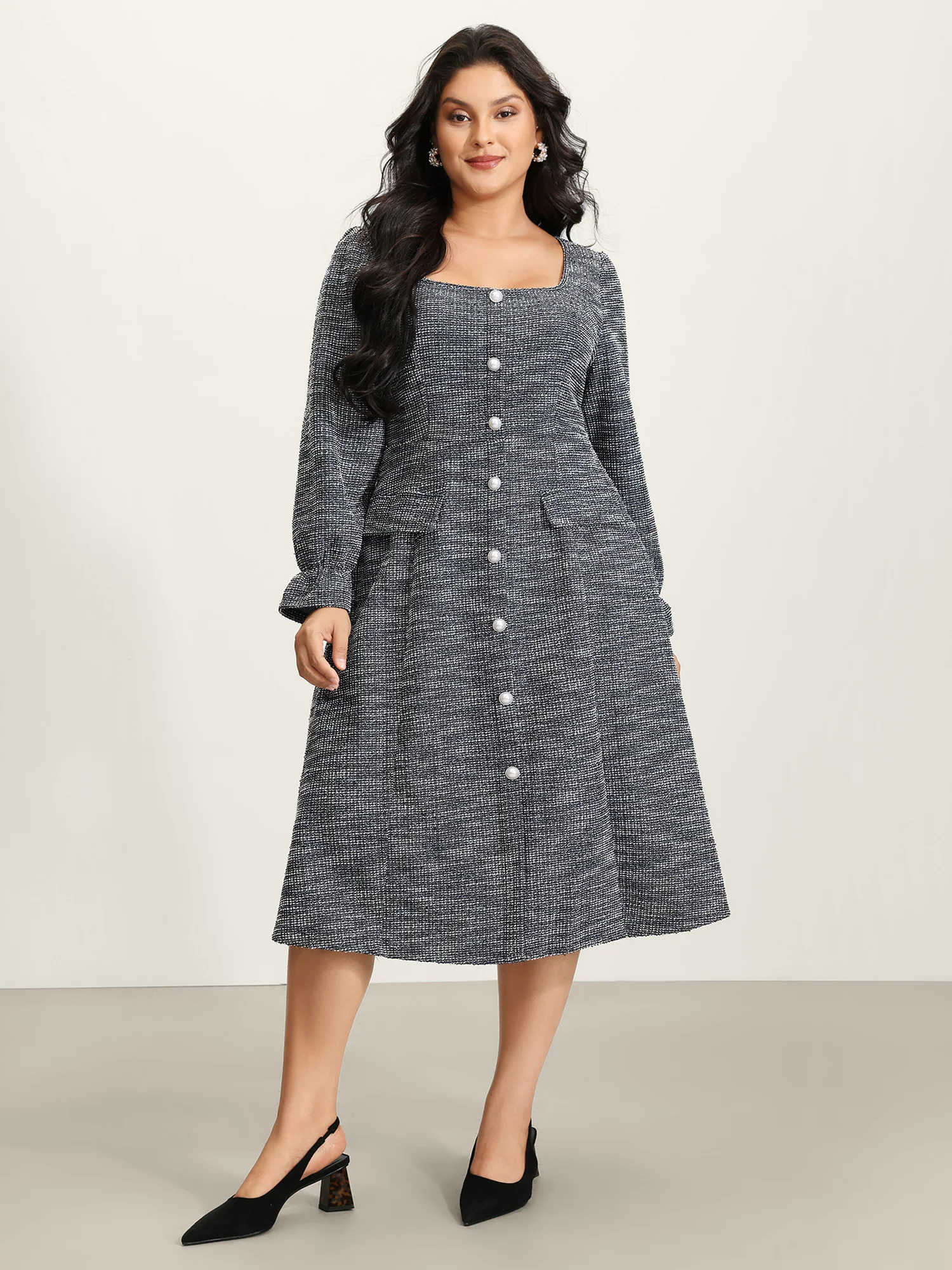 Tweed Knit Pearl Button Stretchy Midi Dress - Image 3