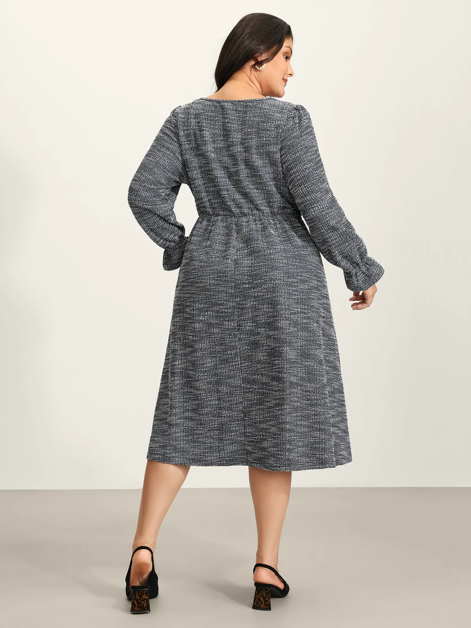Tweed Knit Pearl Button Stretchy Midi Dress - Image 5
