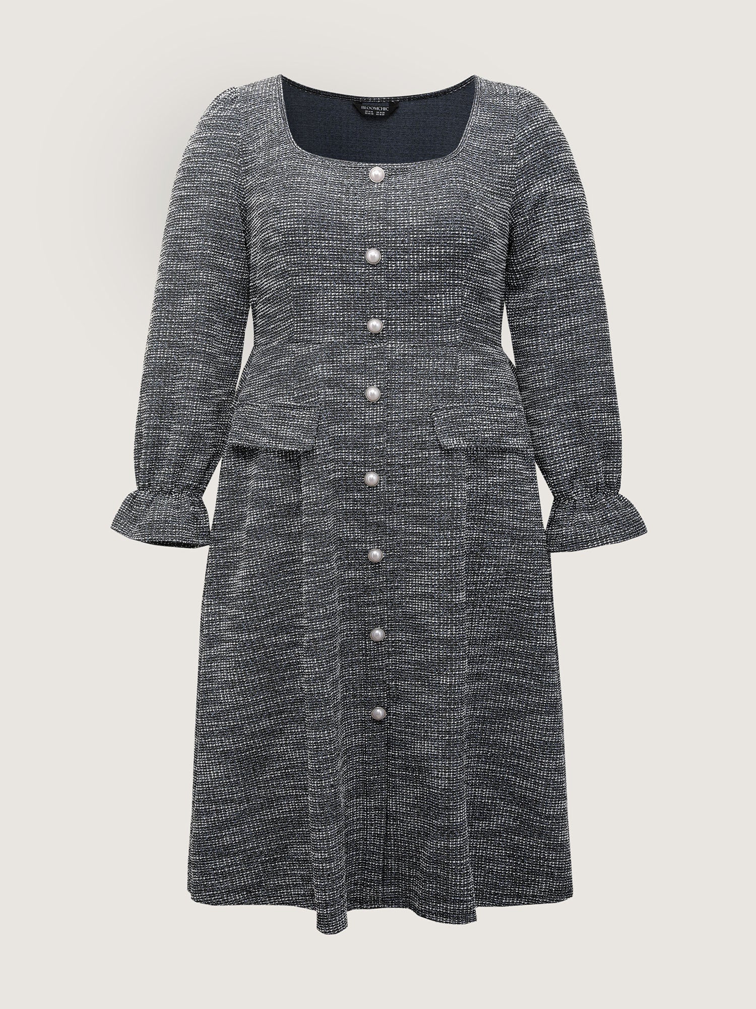 Tweed Knit Pearl Button Stretchy Midi Dress - Image 8