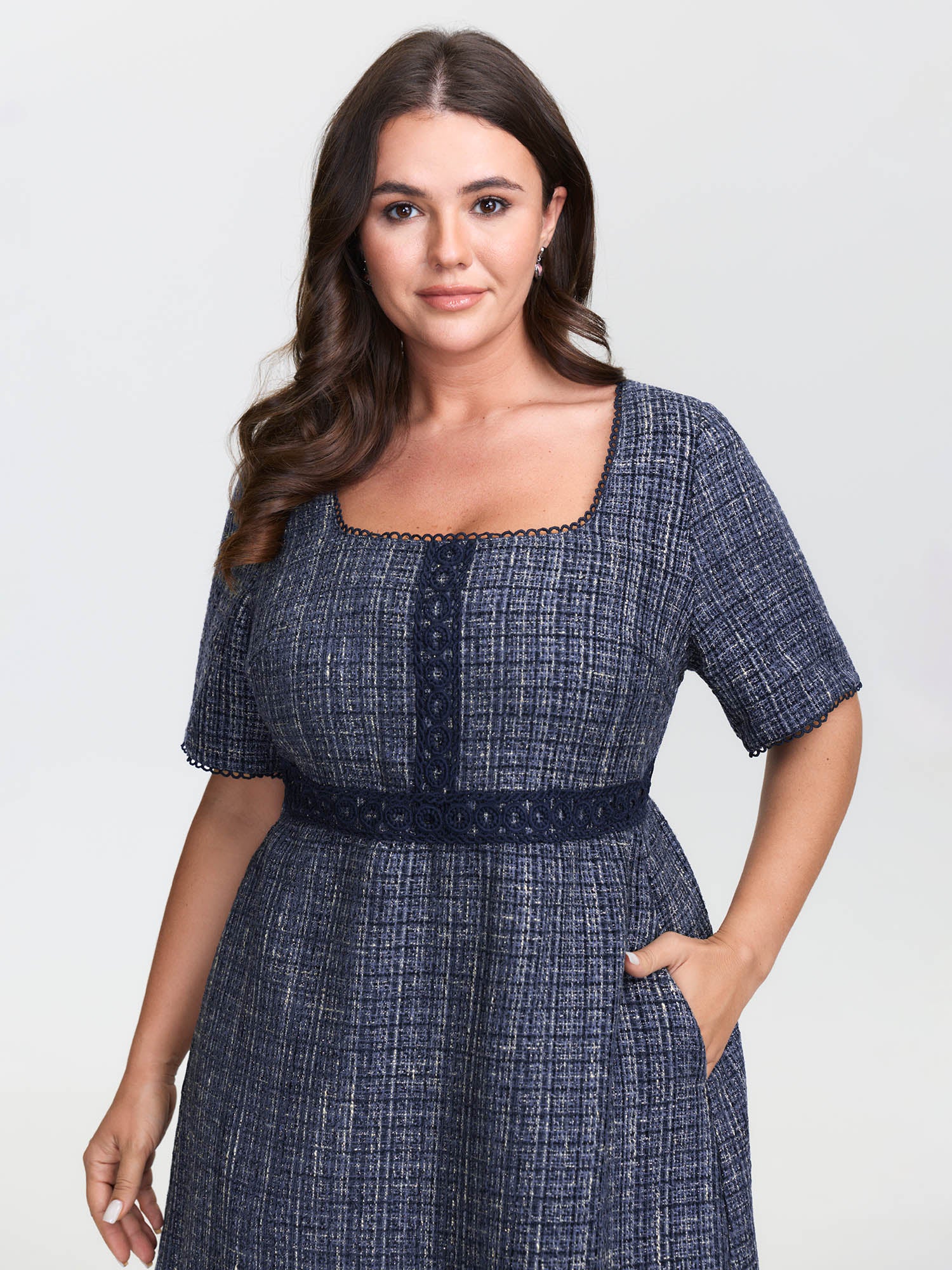 Tweed Lace Trim Square Neckline Midi Dress - Image 2