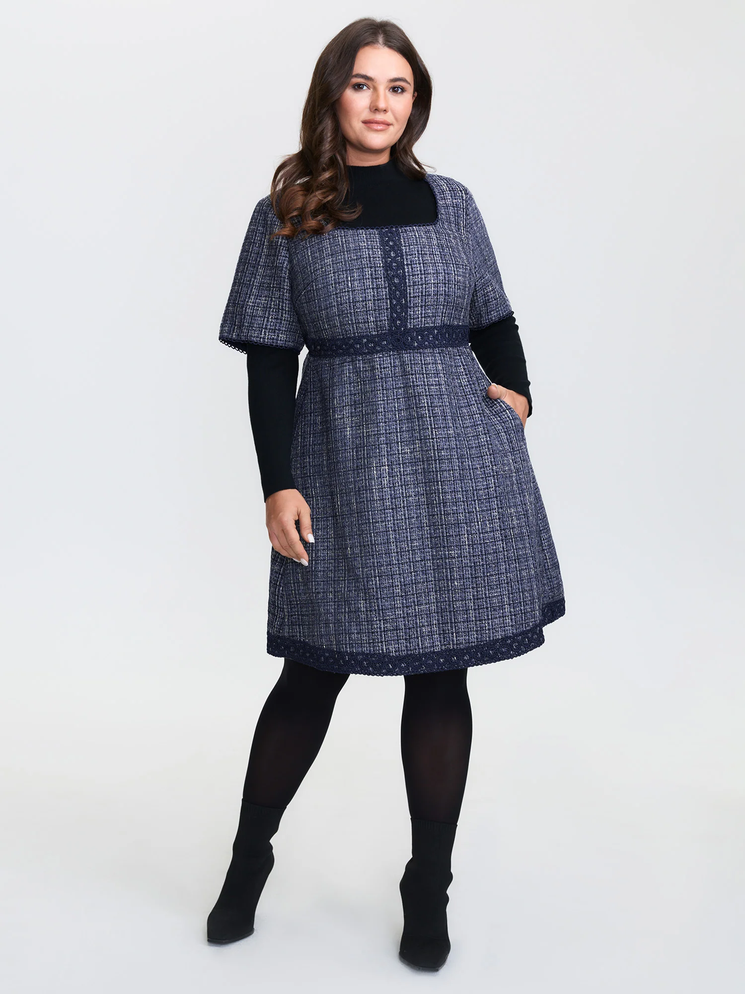 Tweed Lace Trim Square Neckline Midi Dress - Image 3