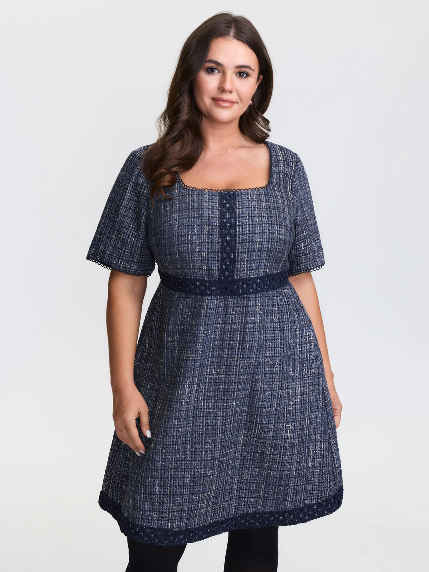 Tweed Lace Trim Square Neckline Midi Dress - Image 4