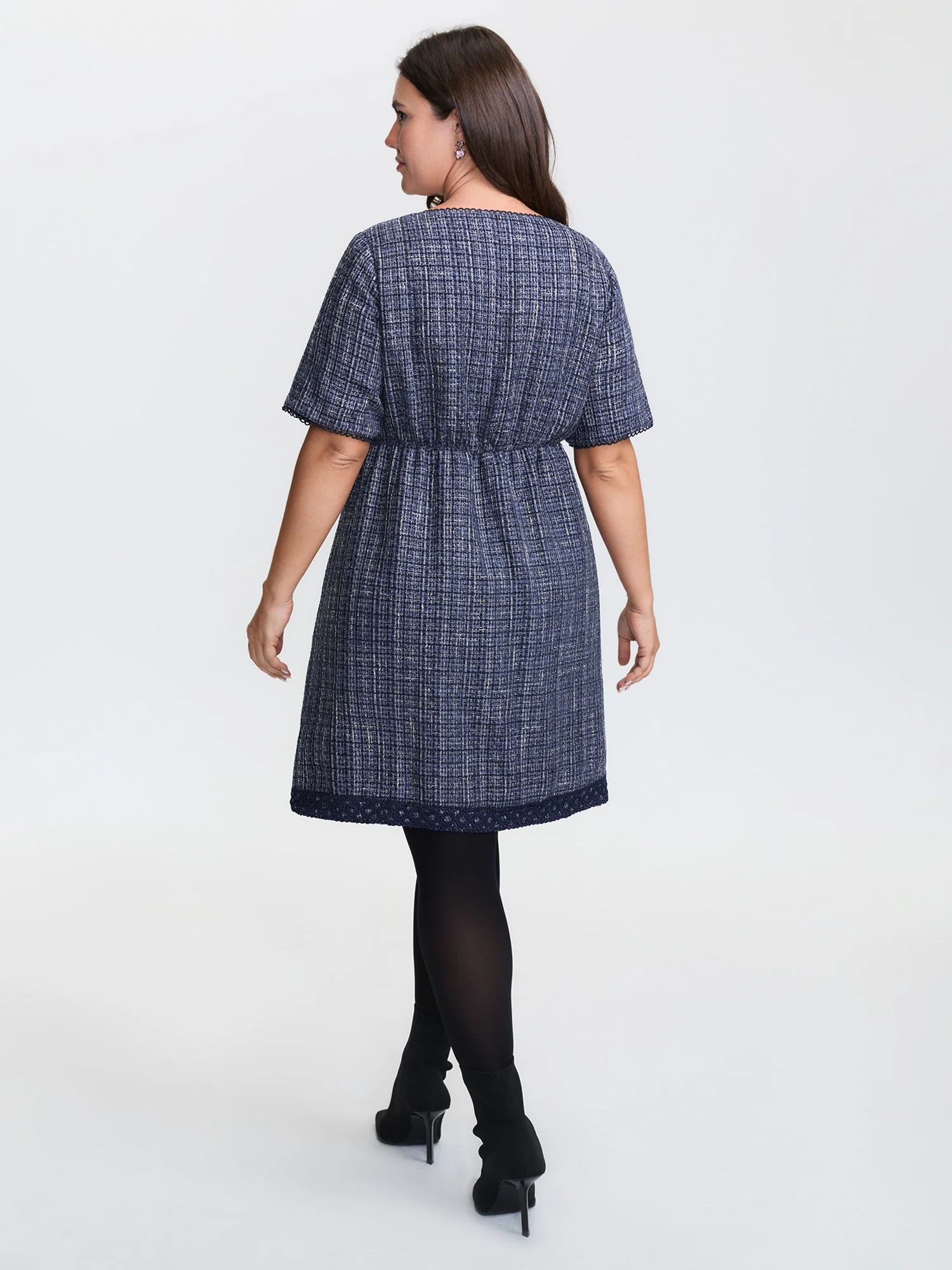 Tweed Lace Trim Square Neckline Midi Dress - Image 5