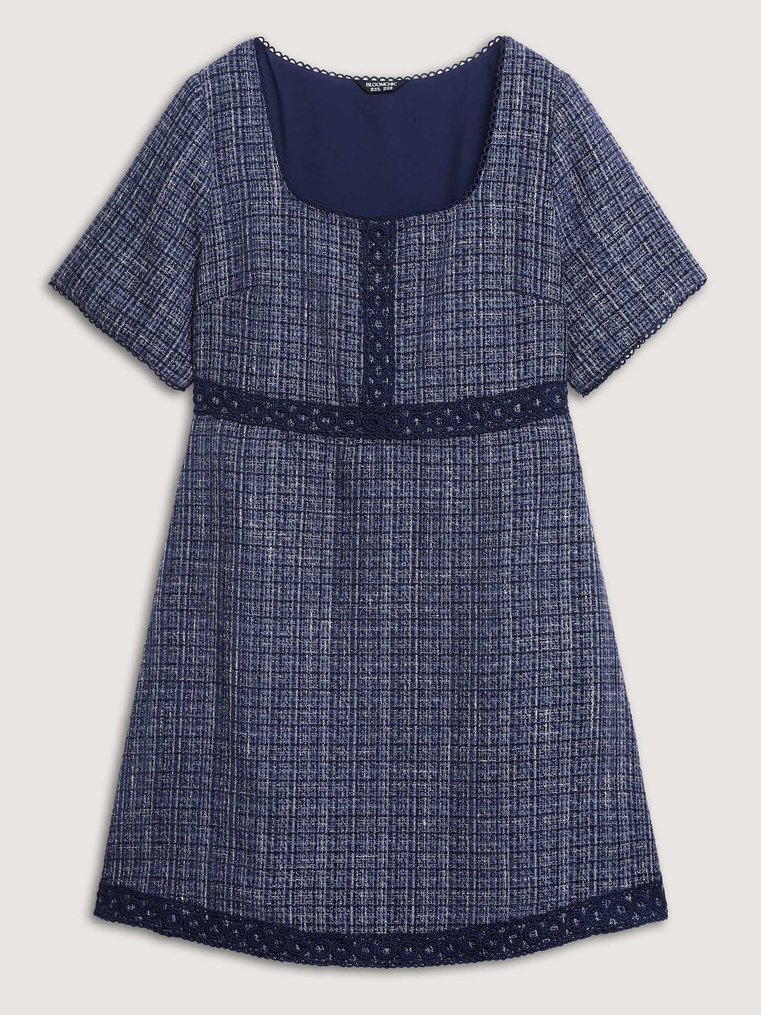 Tweed Lace Trim Square Neckline Midi Dress - Image 8