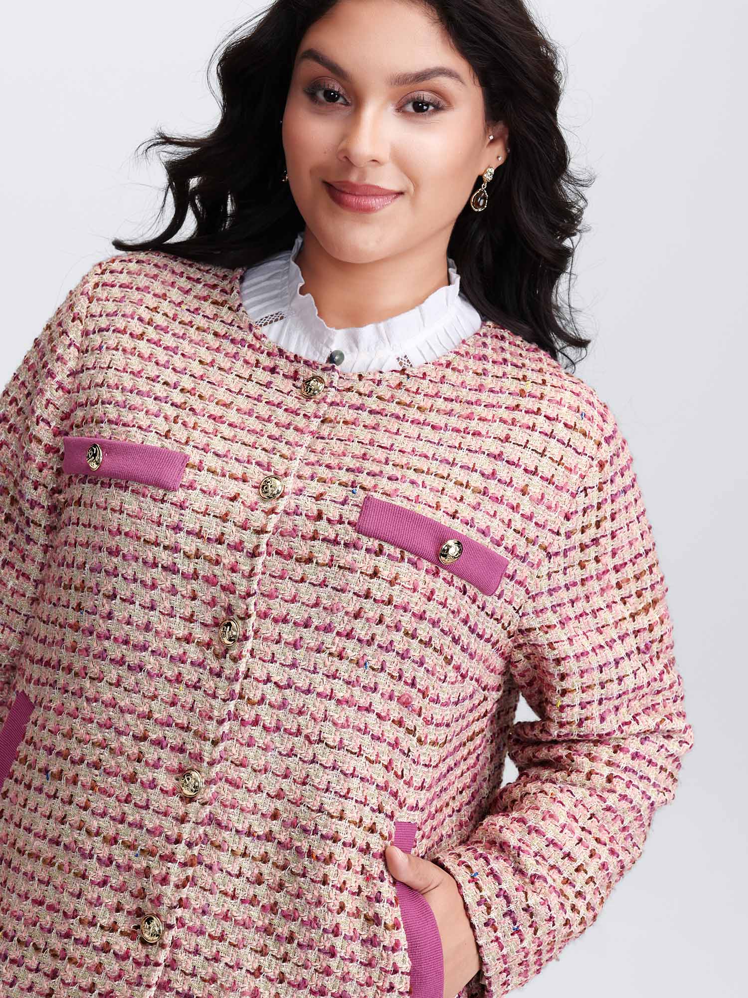 Tweed Lined Color Contrast Pockets Jacket - Image 2