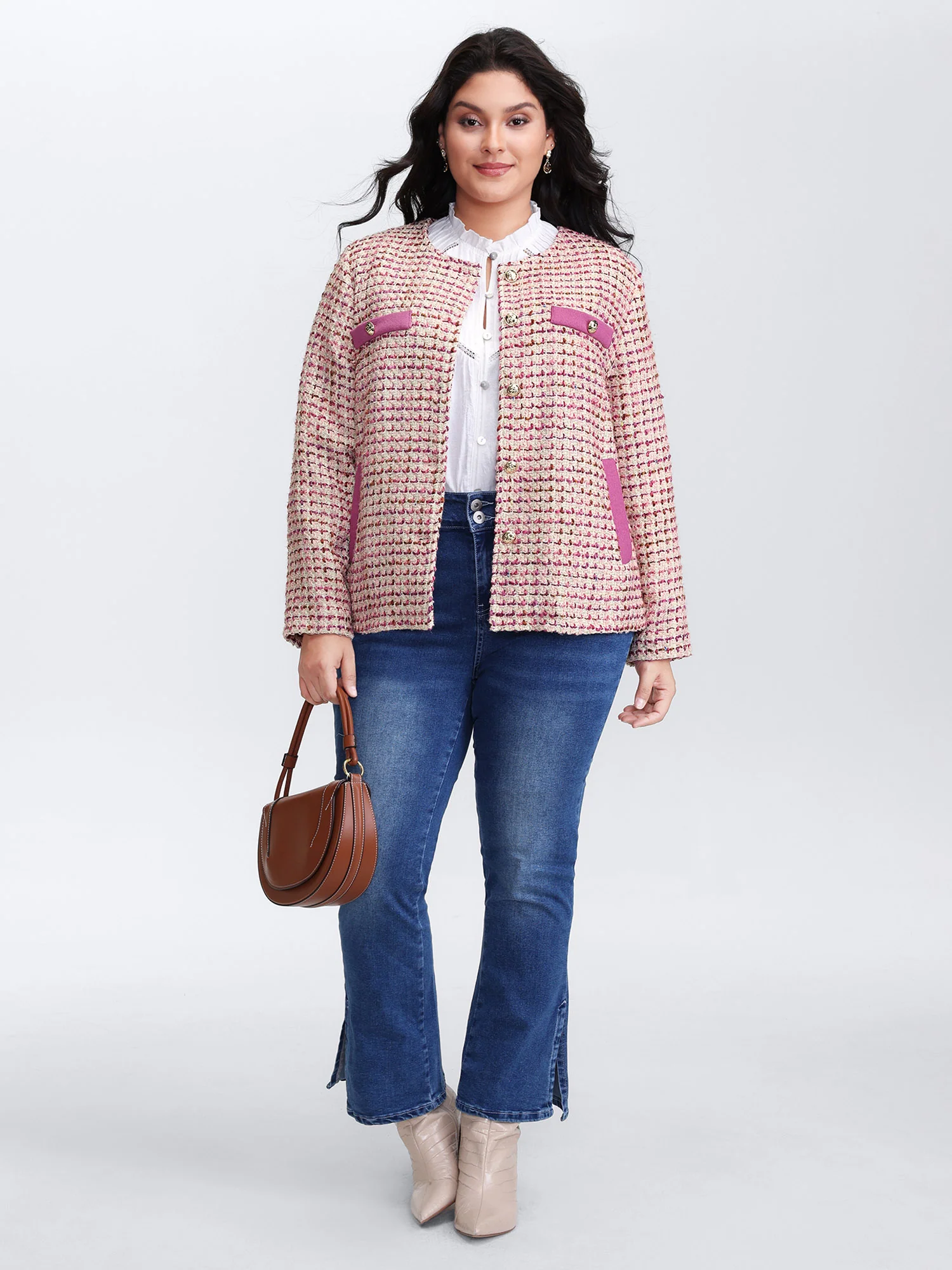 Tweed Lined Color Contrast Pockets Jacket - Image 3