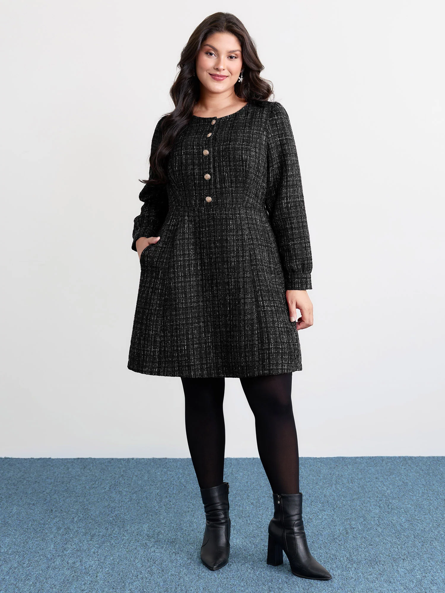 Tweed Metal Button Stretchy Waist Knee Dress - Image 11