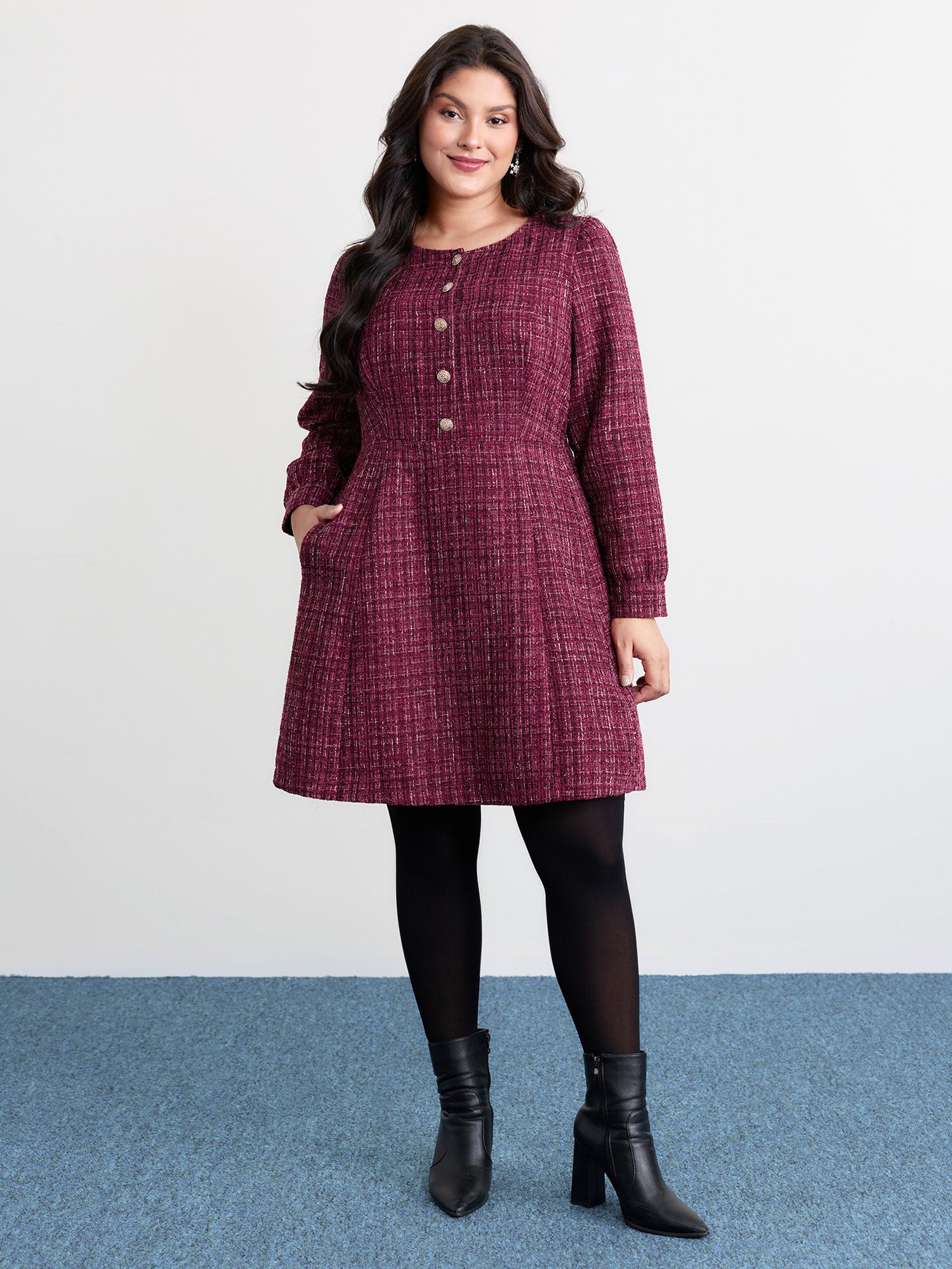 Tweed Metal Button Stretchy Waist Knee Dress - Image 3
