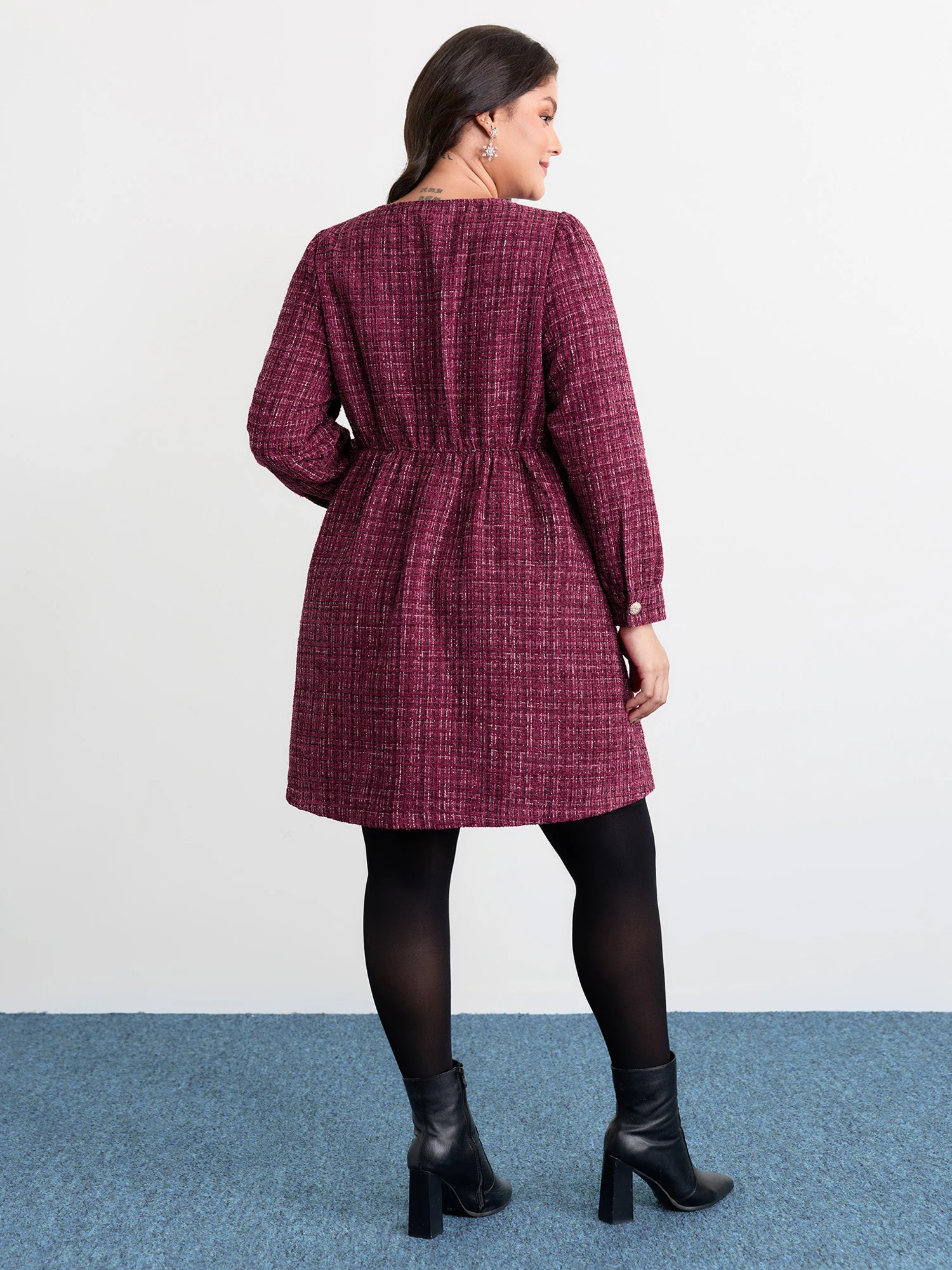 Tweed Metal Button Stretchy Waist Knee Dress - Image 5