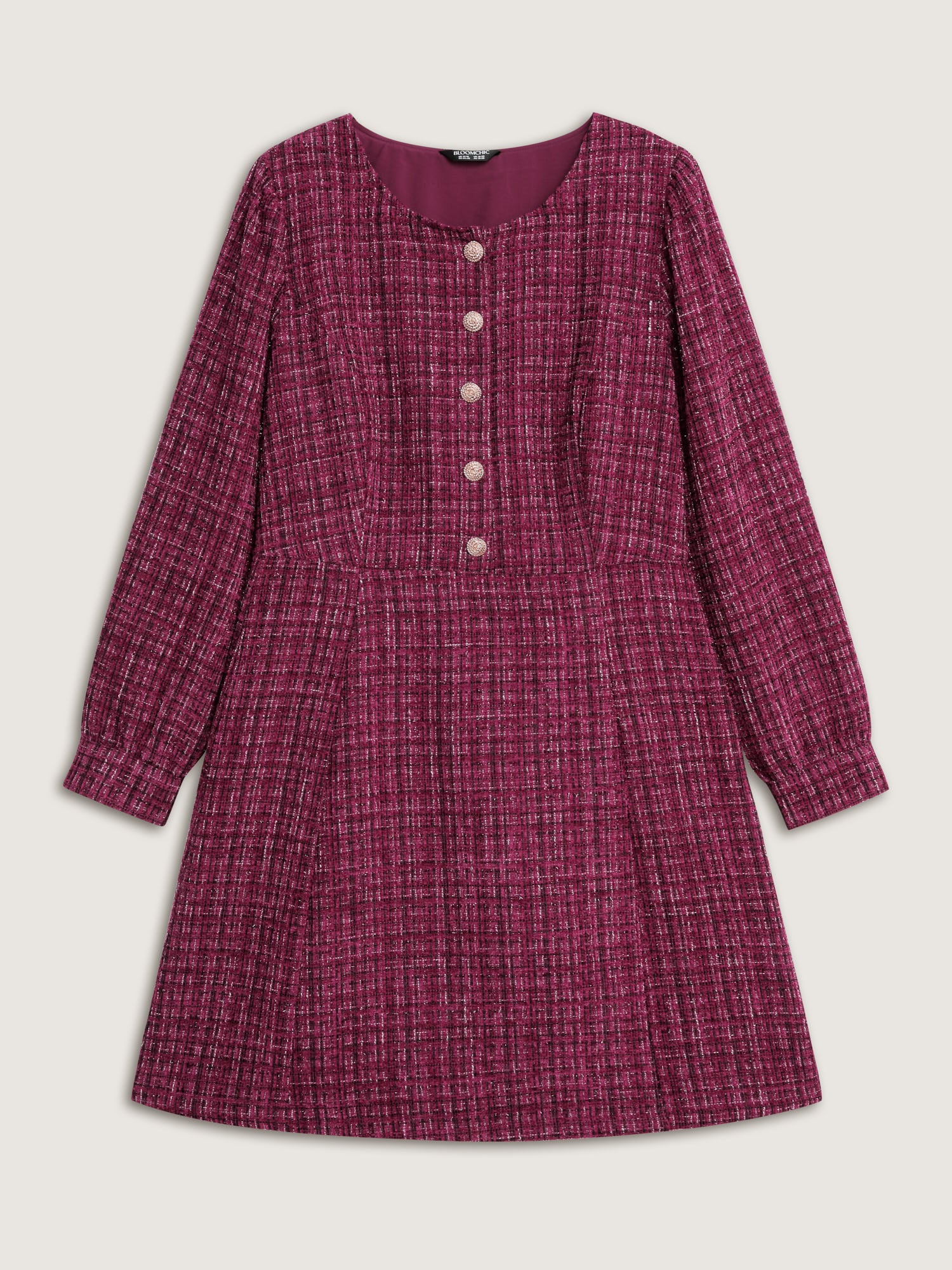 Tweed Metal Button Stretchy Waist Knee Dress - Image 8