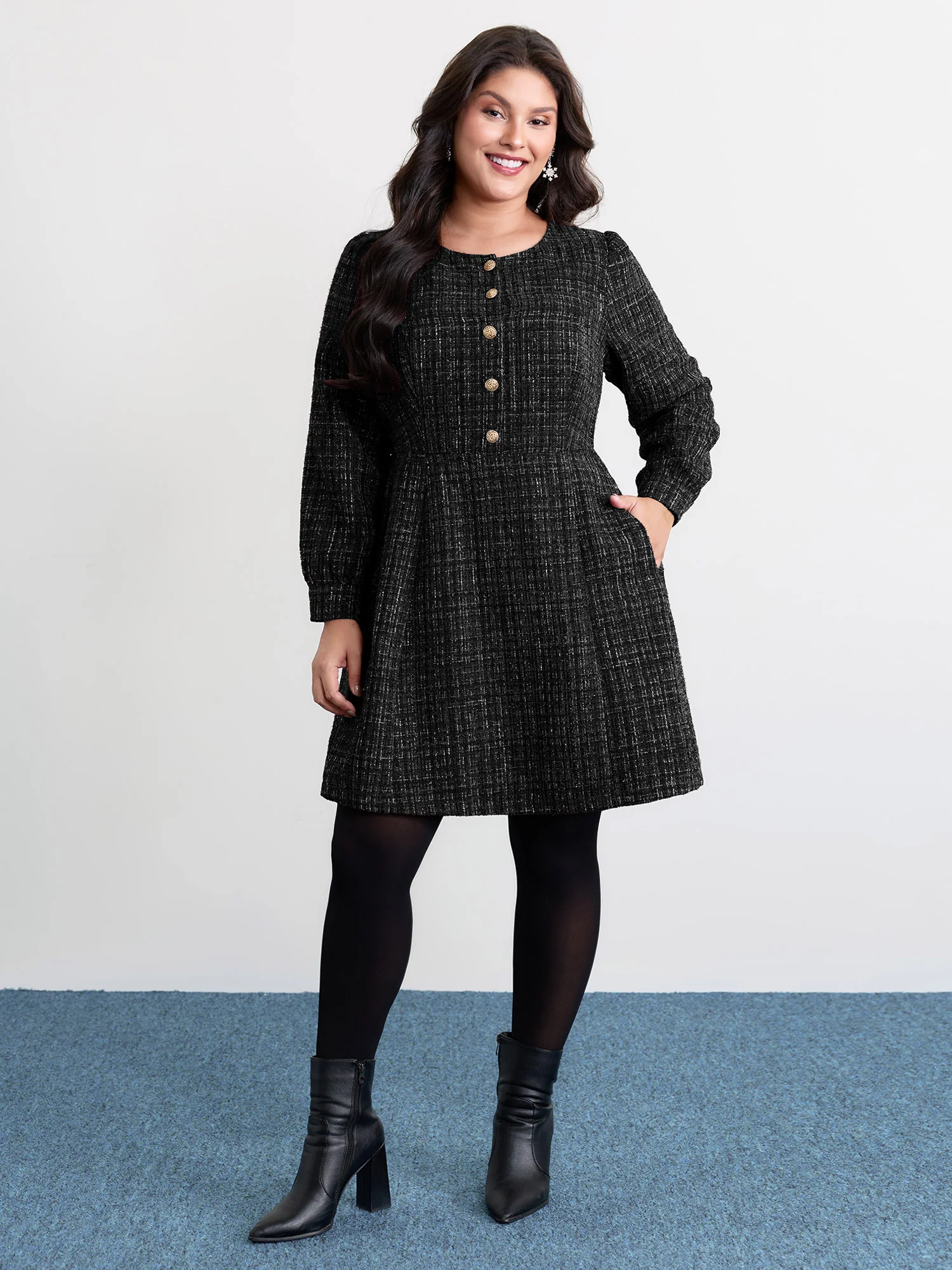 Tweed Metal Button Stretchy Waist Knee Dress - Image 9