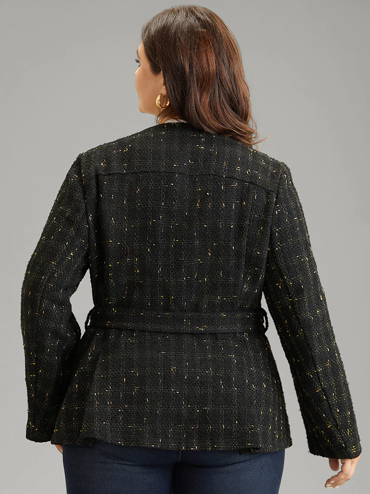 Tweed Metal Detail Belted V Neck Blazer - Image 2