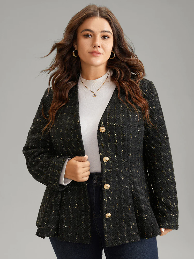 Tweed Metal Detail Belted V Neck Blazer - Image 3