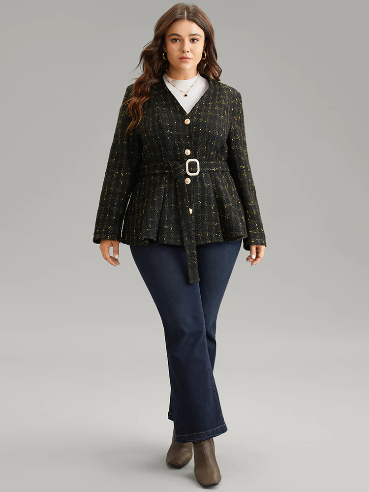 Tweed Metal Detail Belted V Neck Blazer - Image 4