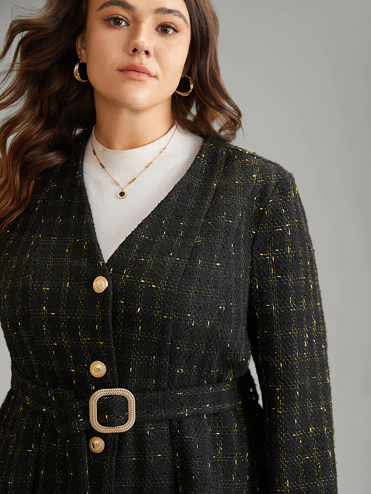 Tweed Metal Detail Belted V Neck Blazer - Image 5