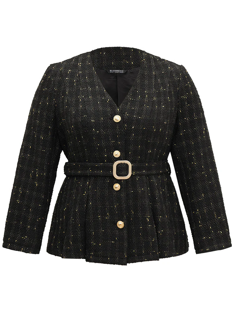 Tweed Metal Detail Belted V Neck Blazer - Image 6