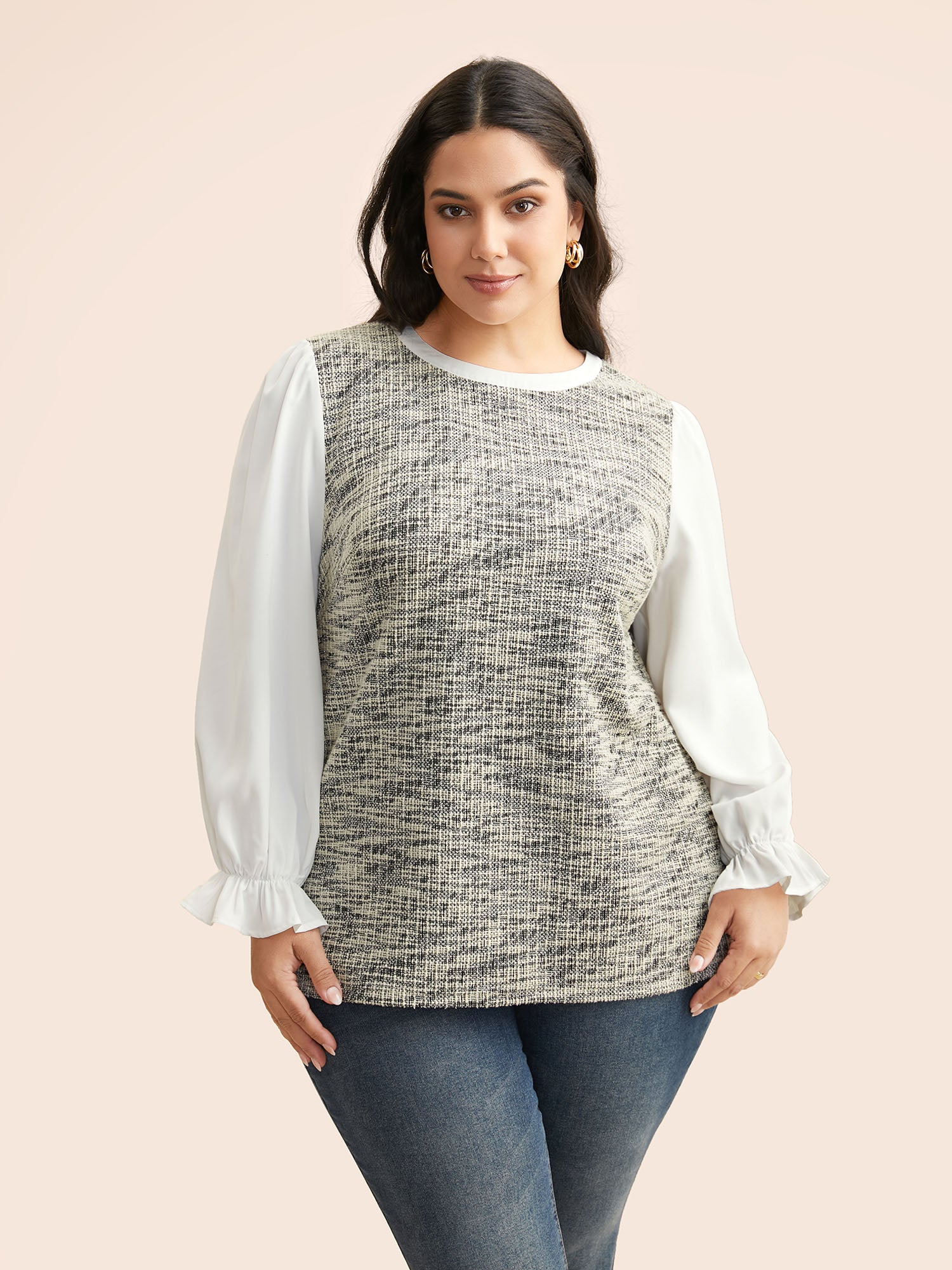 Tweed Patchwork Gathered Lantern Sleeve Blouse