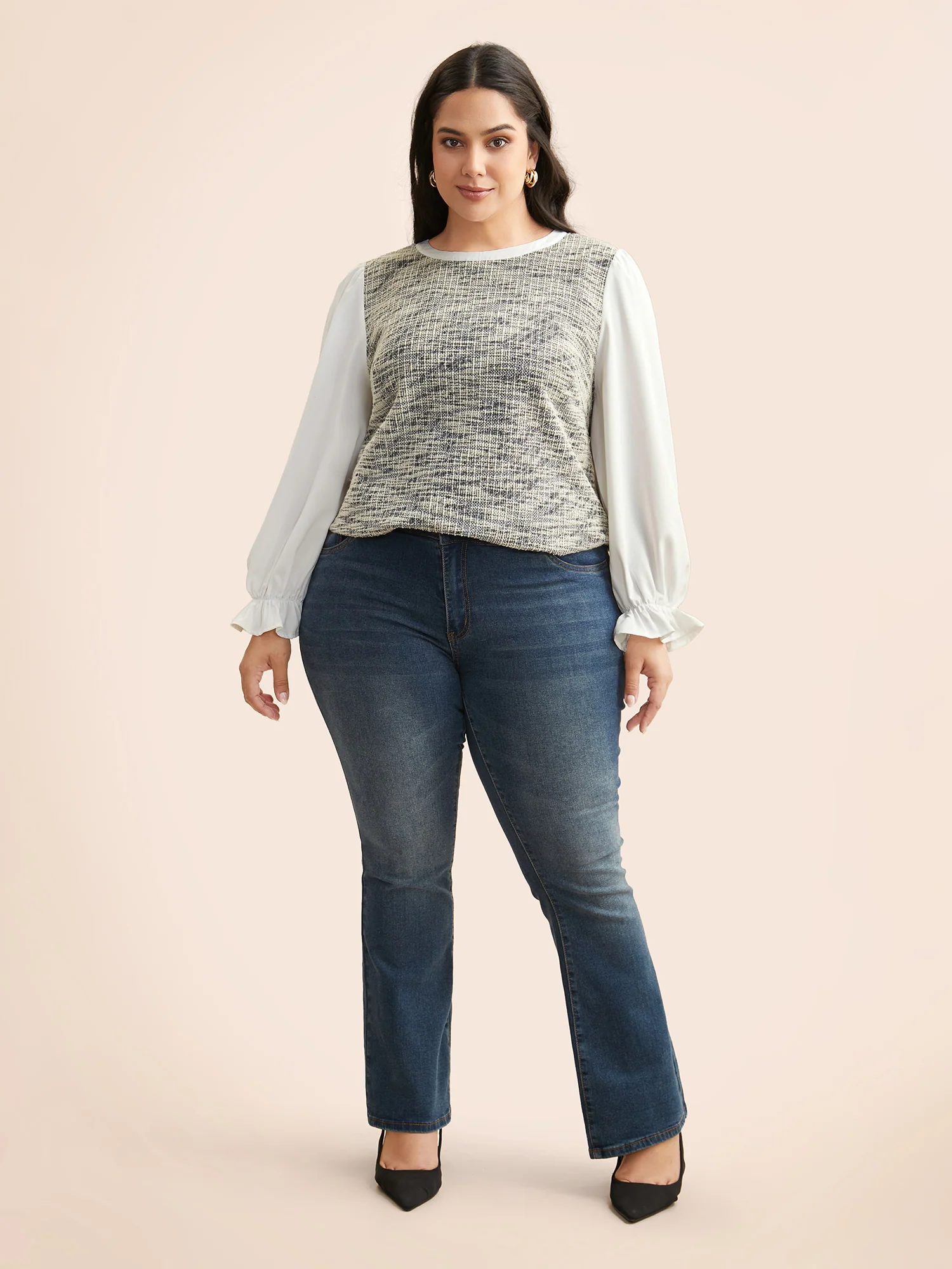 Tweed Patchwork Gathered Lantern Sleeve Blouse - Image 2