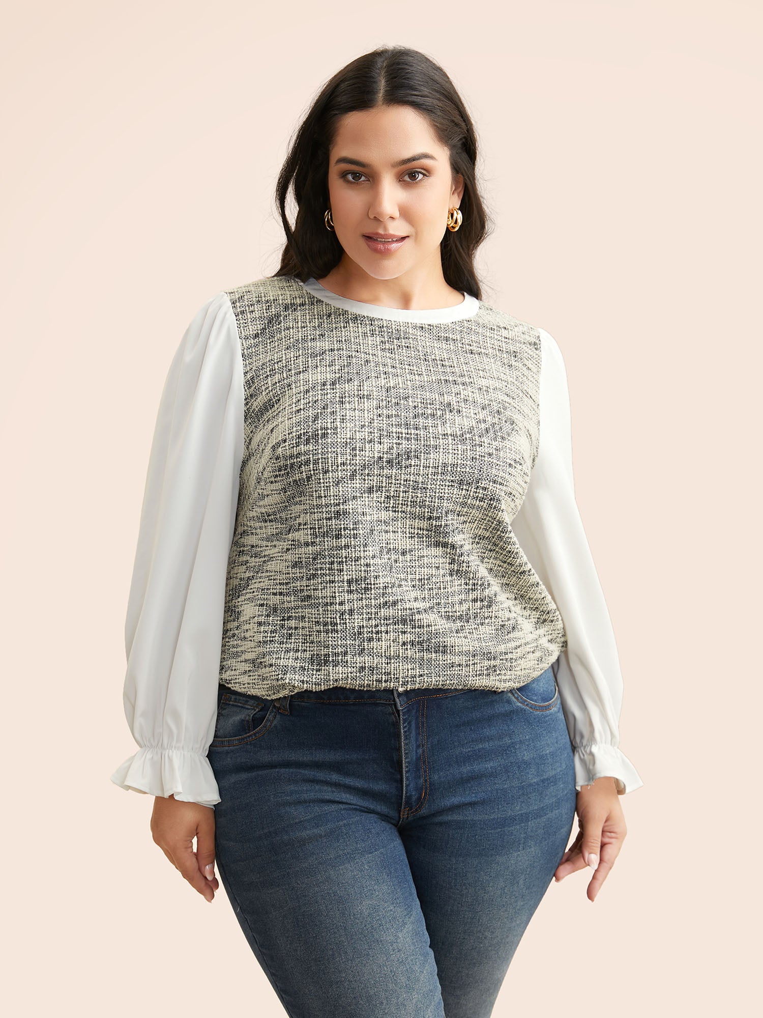 Tweed Patchwork Gathered Lantern Sleeve Blouse - Image 3
