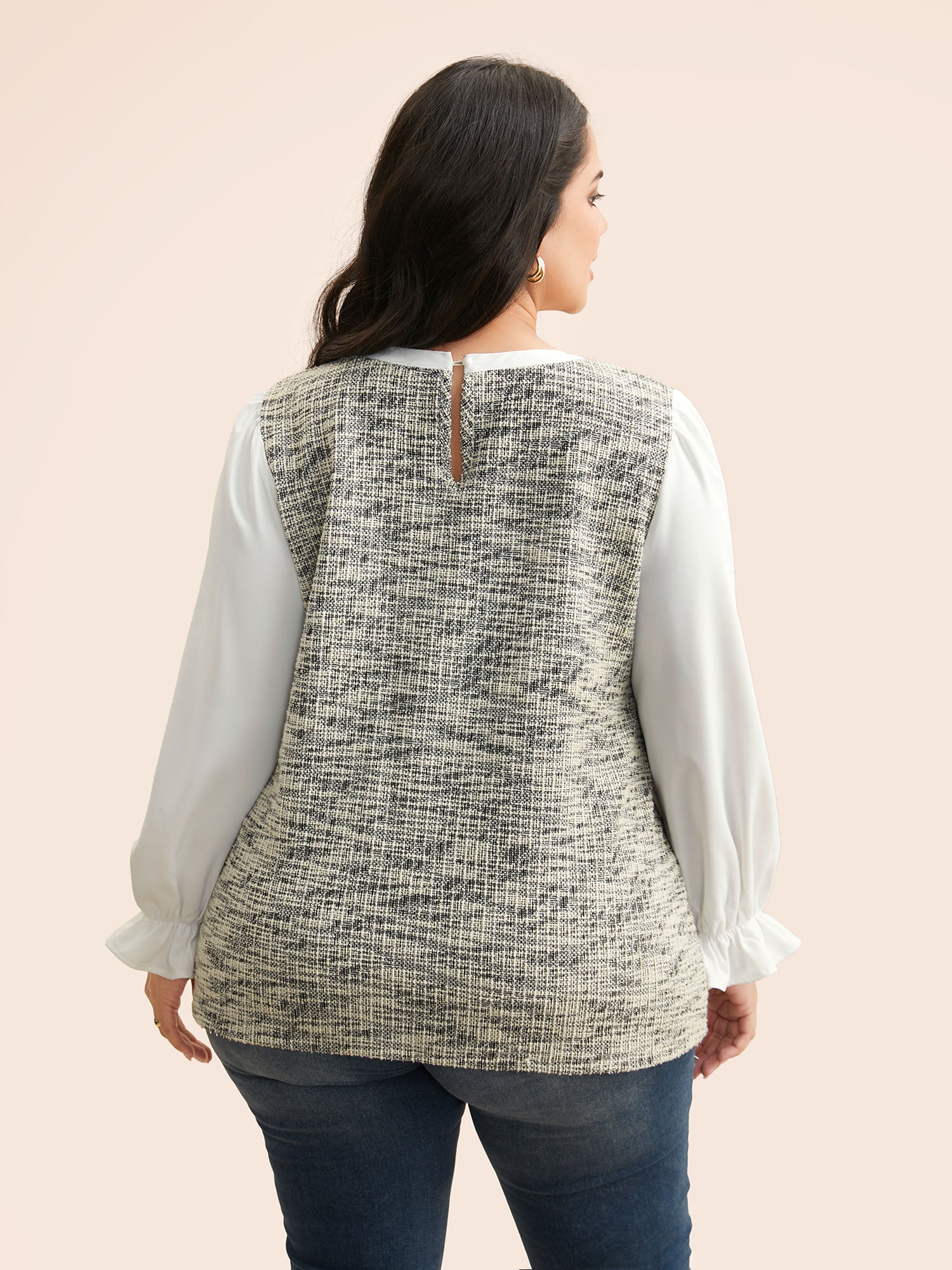Tweed Patchwork Gathered Lantern Sleeve Blouse - Image 4