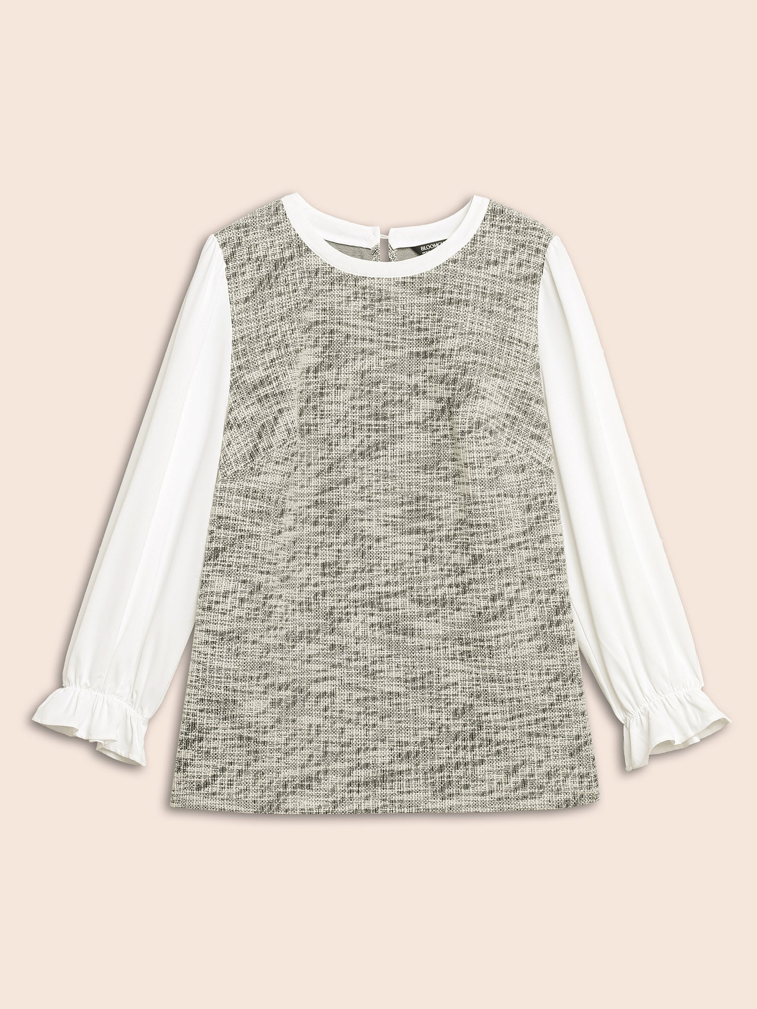 Tweed Patchwork Gathered Lantern Sleeve Blouse - Image 8
