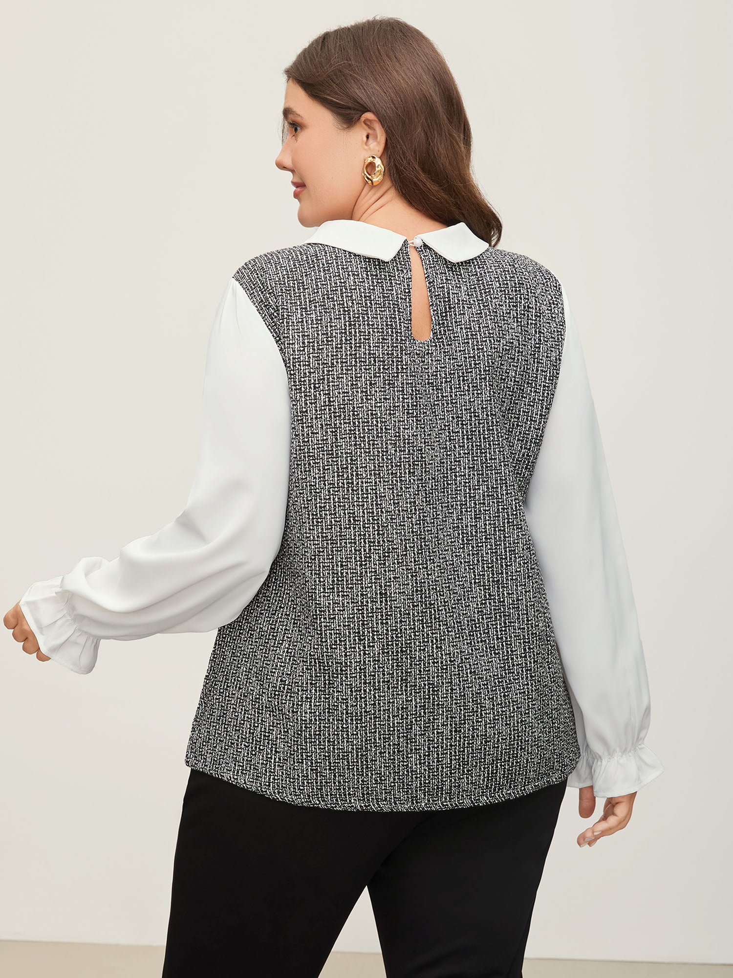 Tweed Patchwork Lantern Sleeve Blouse - Image 4