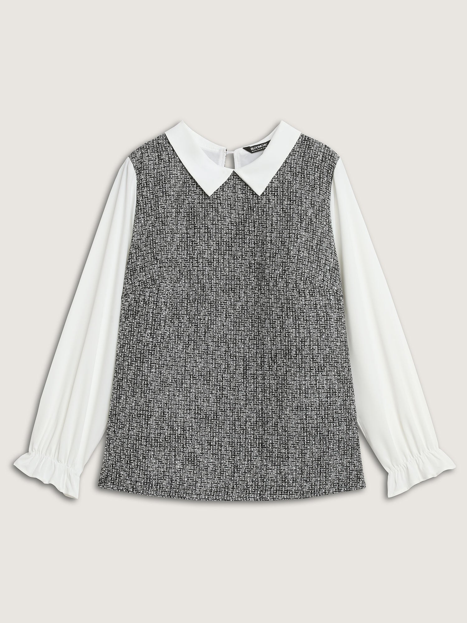 Tweed Patchwork Lantern Sleeve Blouse - Image 5