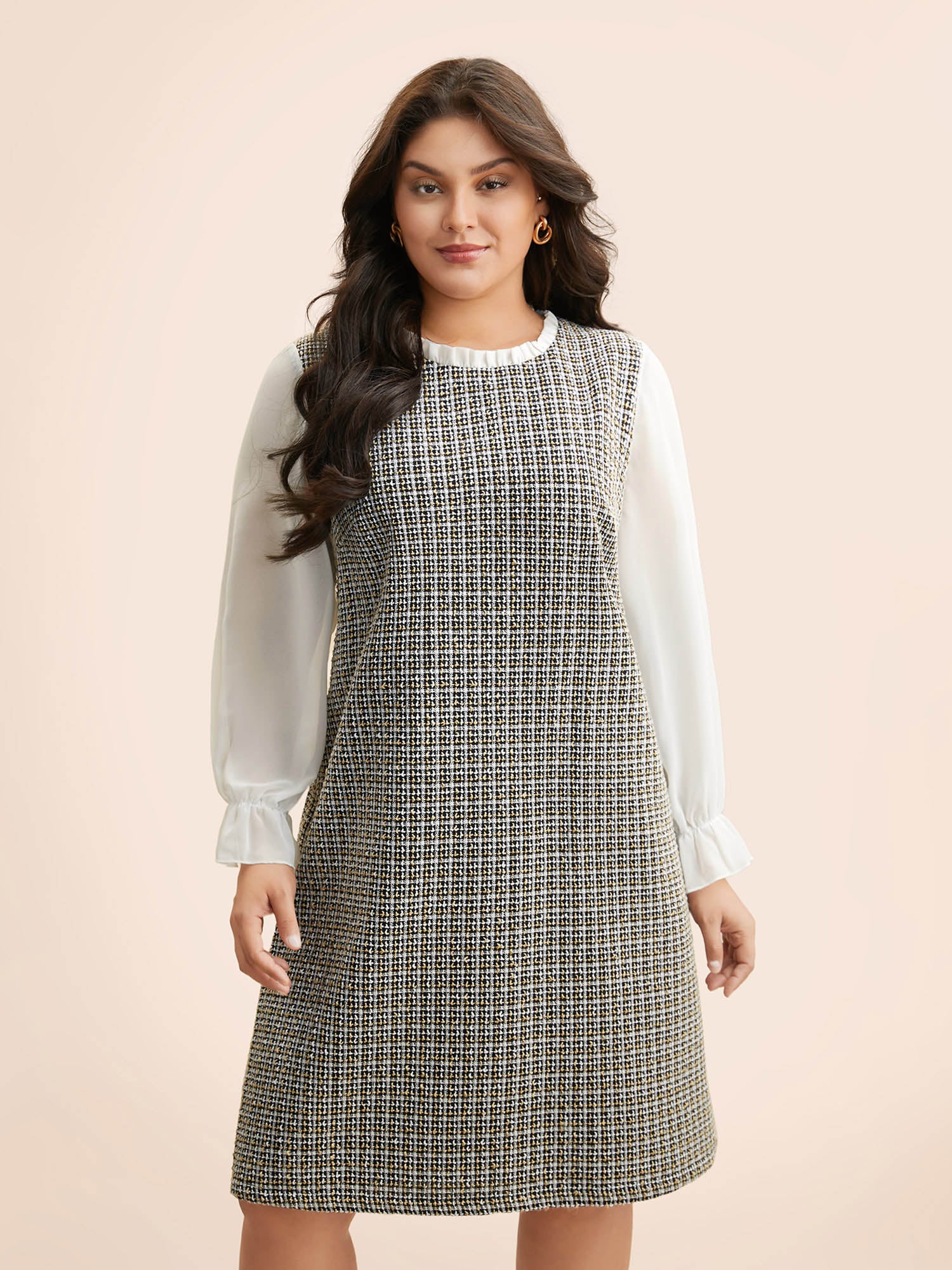 Tweed Patchwork Ruffle Trim Dress - Image 3