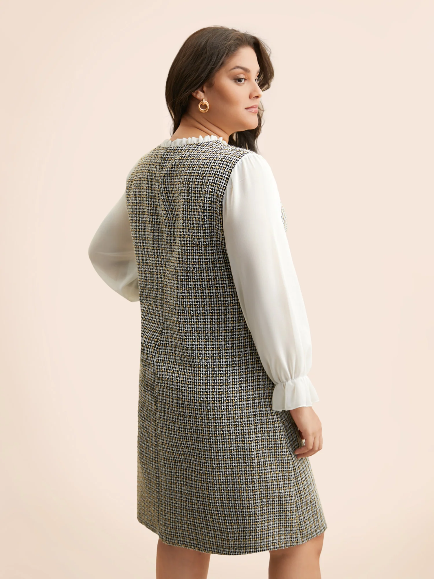 Tweed Patchwork Ruffle Trim Dress - Image 4