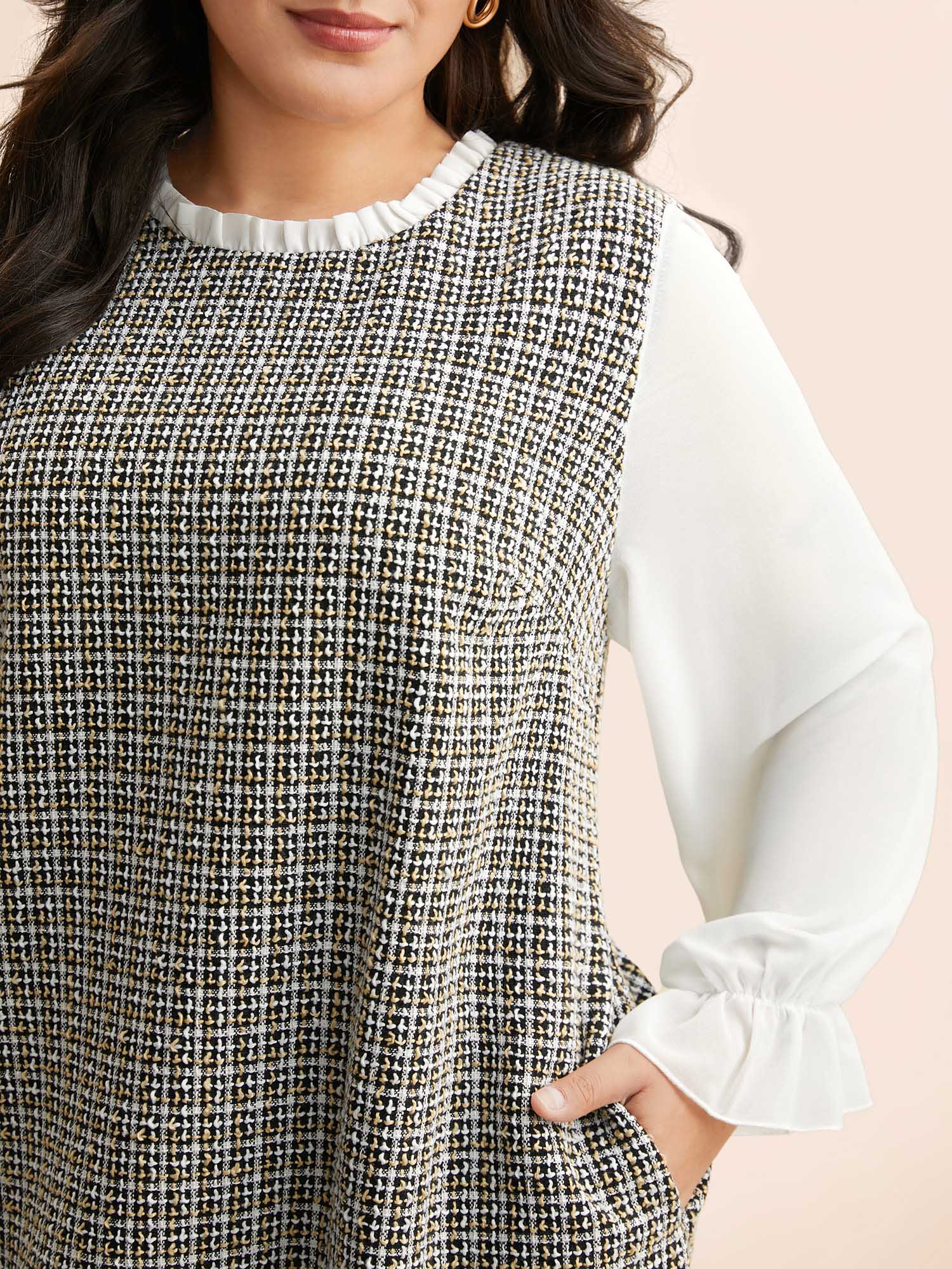 Tweed Patchwork Ruffle Trim Dress - Image 5