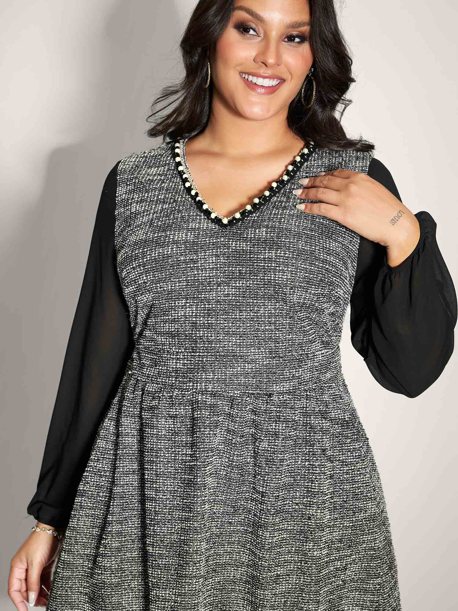 Tweed Pearl Collar Semi-Sheer Midi Dress - Image 2