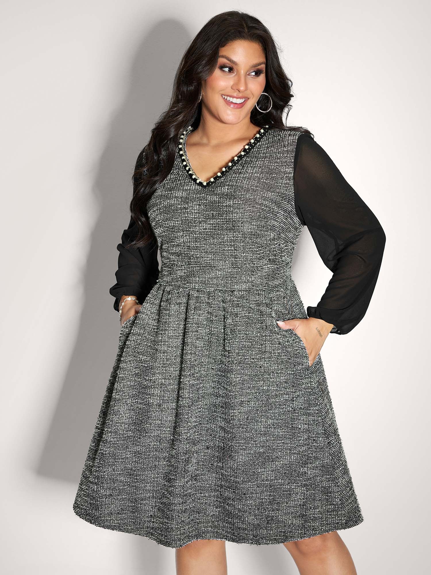 Tweed Pearl Collar Semi-Sheer Midi Dress - Image 3